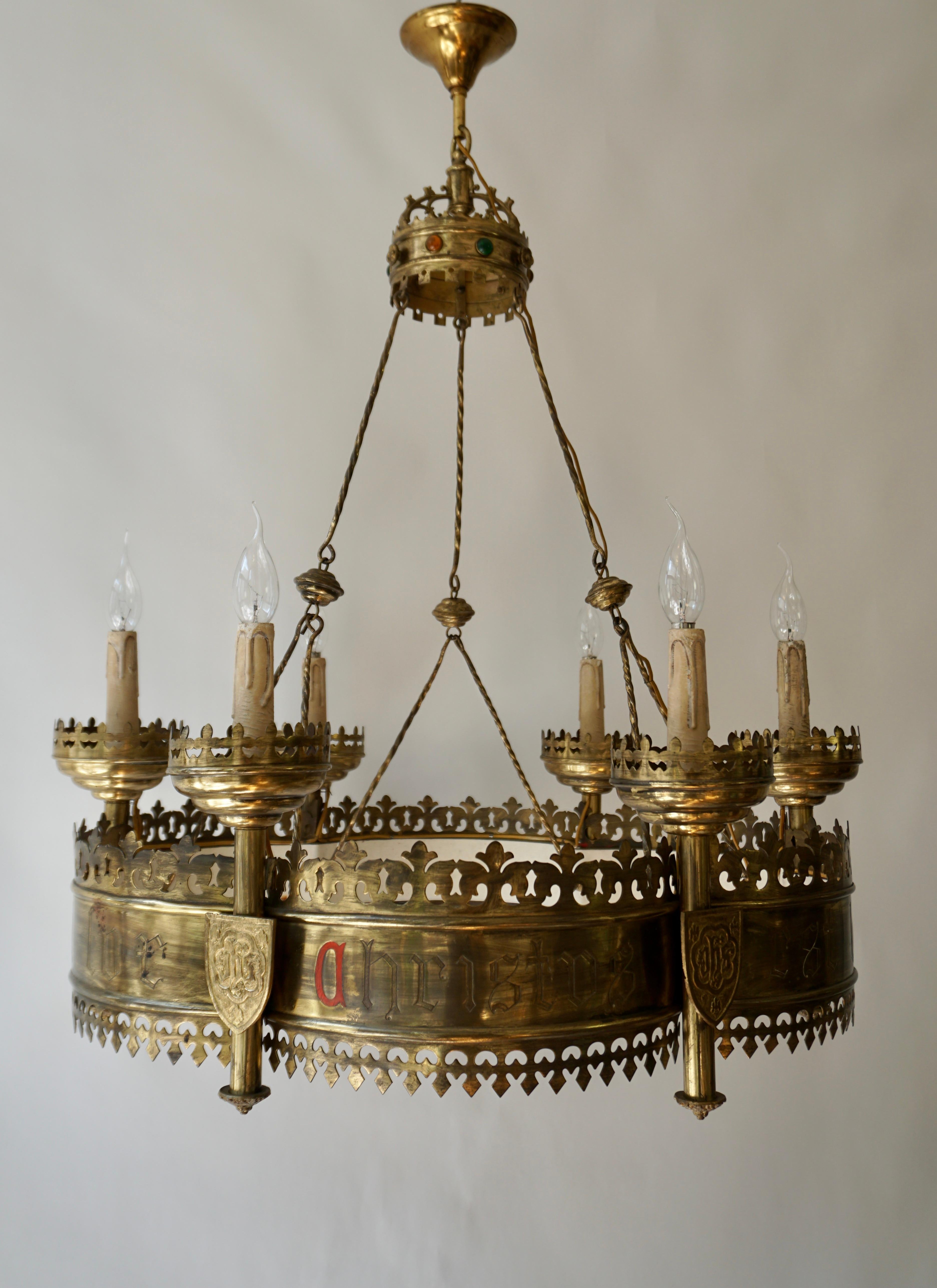 19th Century Large and Striking Bronze & Brass Gothic Revival Advent Wreath Chandelier For Sale