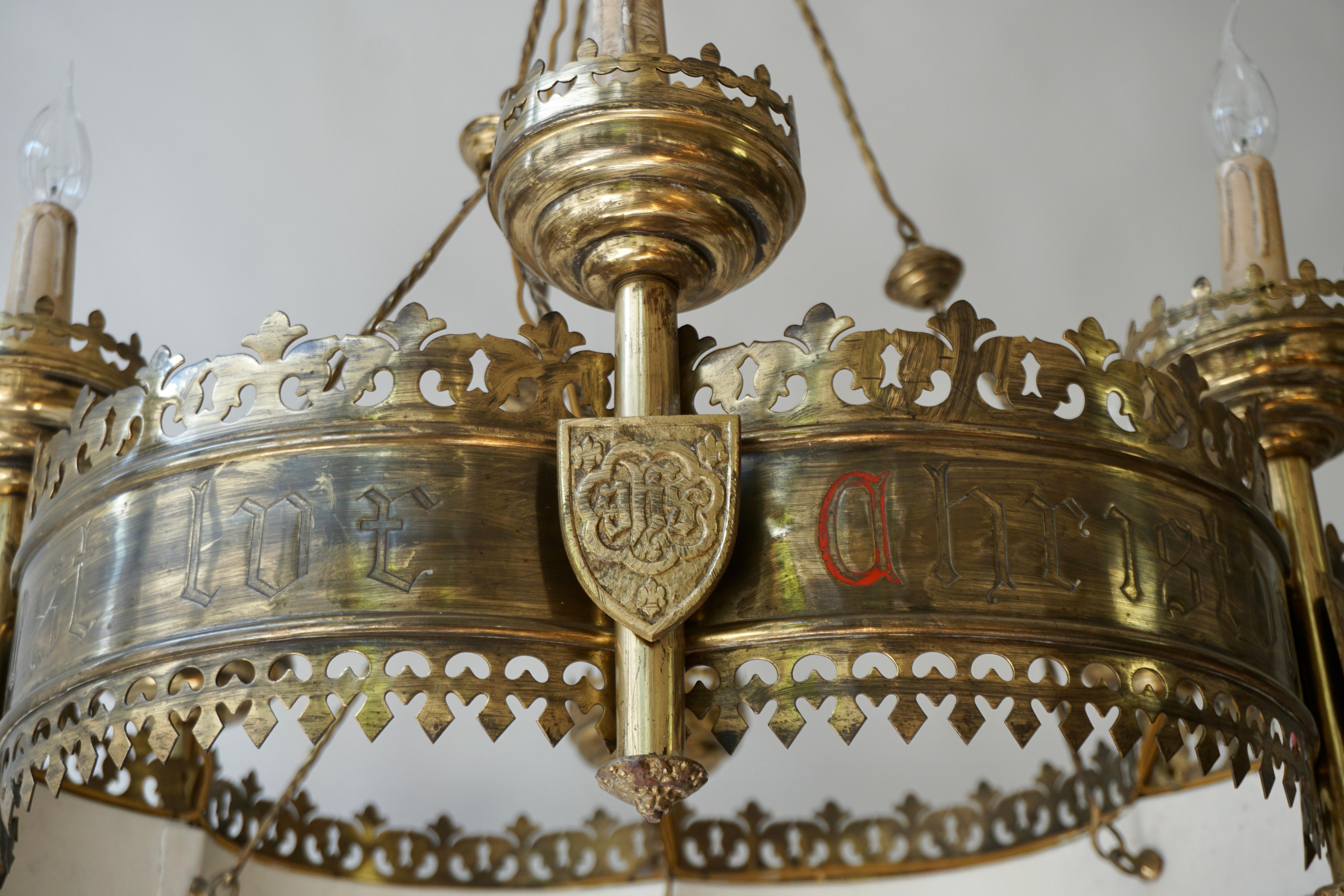 Large and Striking Bronze & Brass Gothic Revival Advent Wreath Chandelier 1