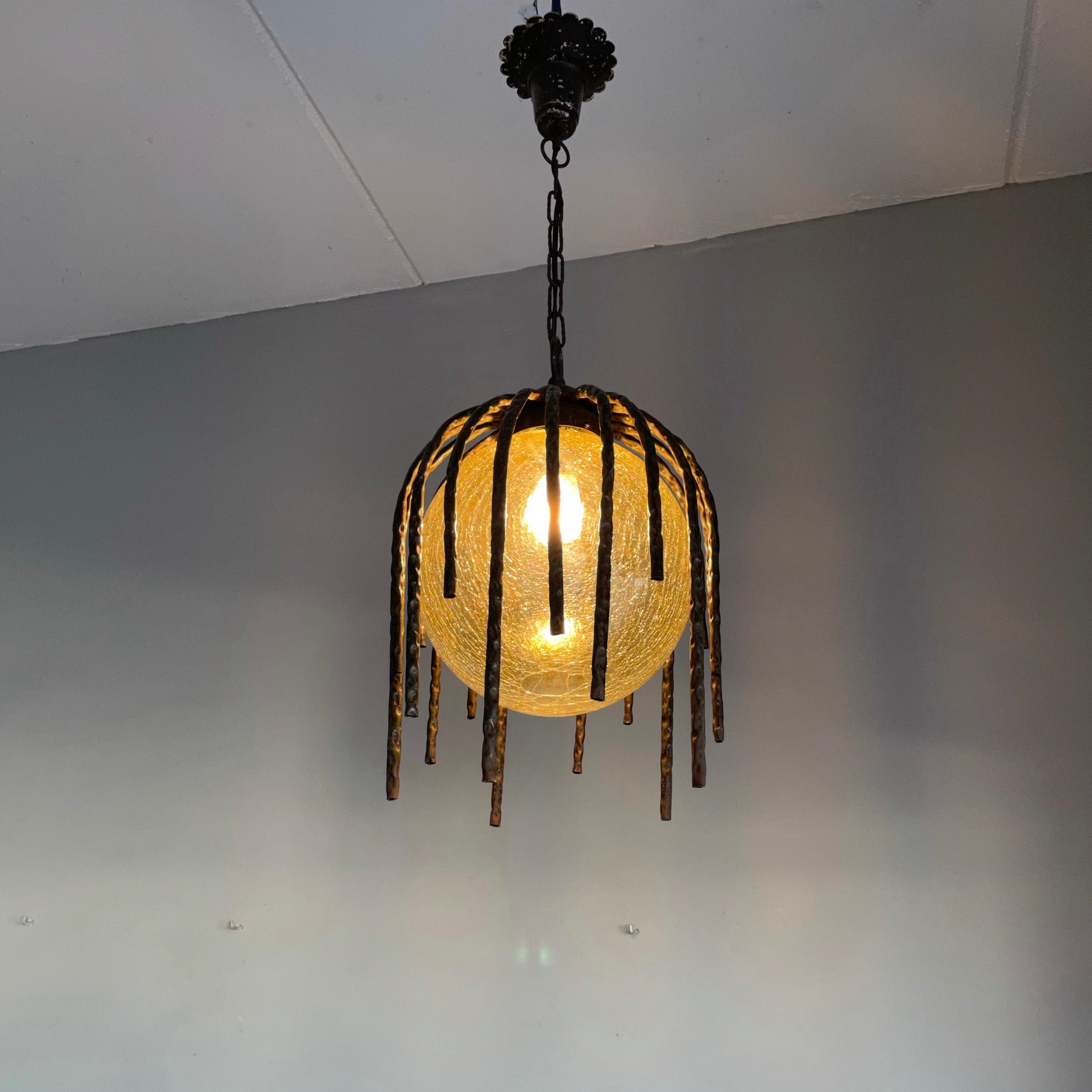 Large and Striking, Midcentury Crackled Amber Glass in Iron Frame Pendant Light For Sale 3