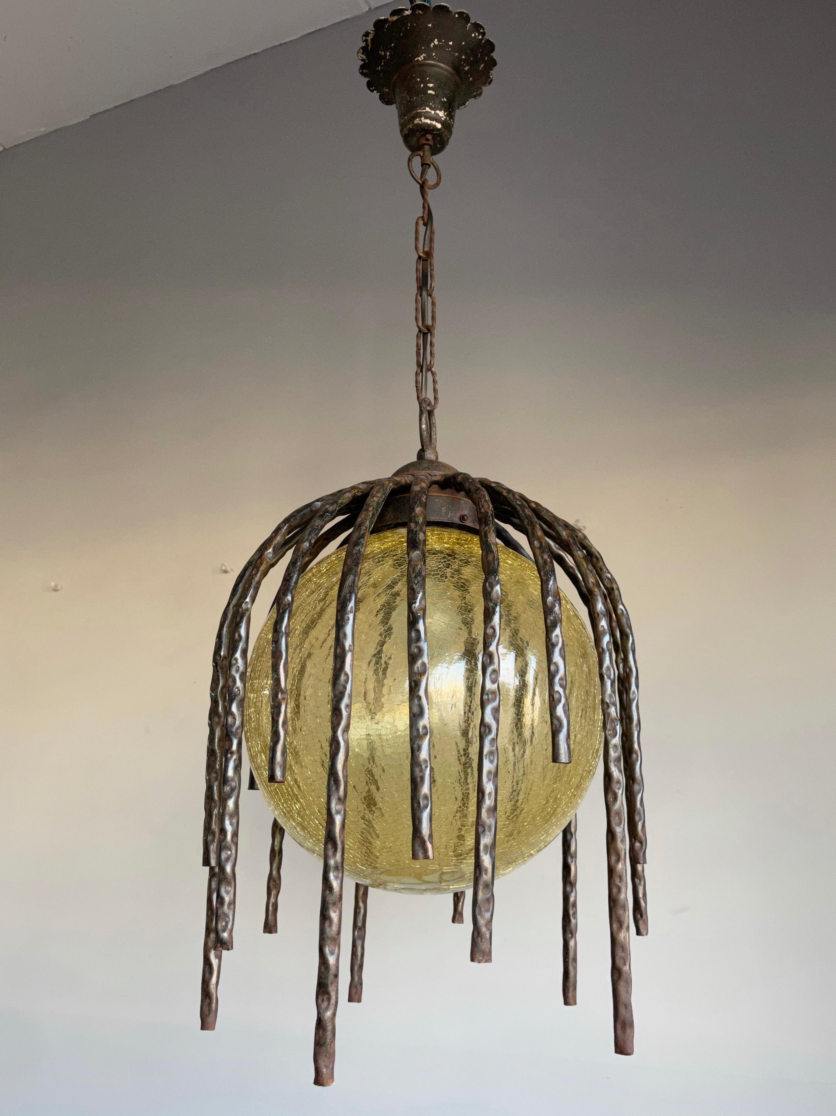 Large and Striking, Midcentury Crackled Amber Glass in Iron Frame Pendant Light For Sale 4