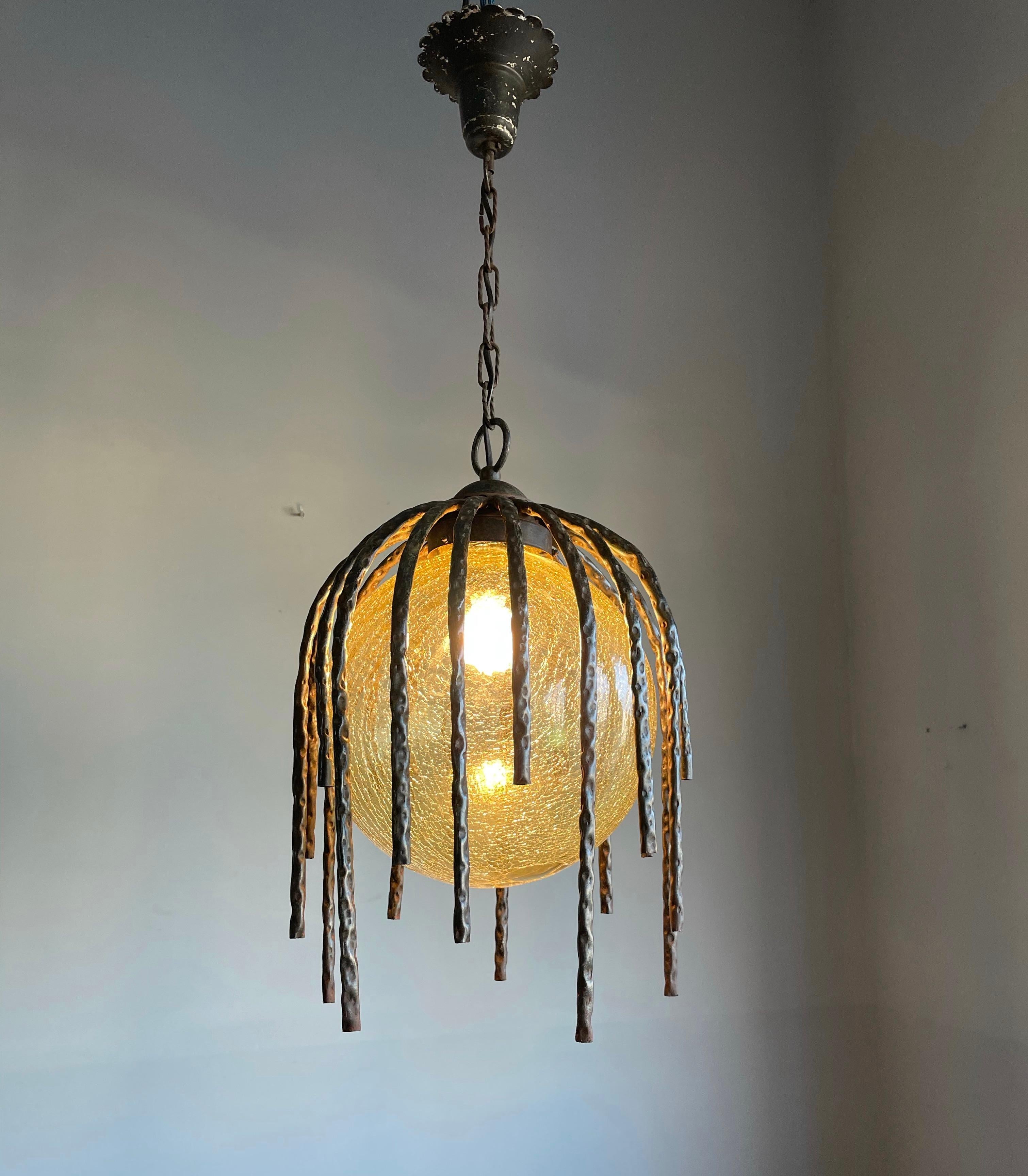 Large and Striking, Midcentury Crackled Amber Glass in Iron Frame Pendant Light For Sale 5