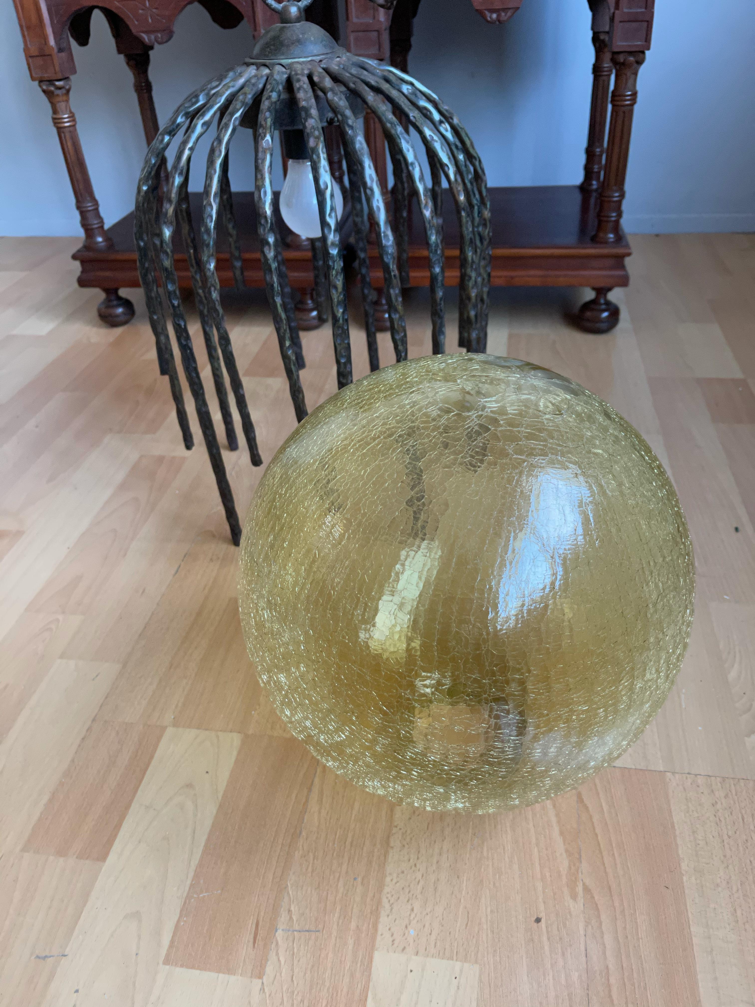 Large and Striking, Midcentury Crackled Amber Glass in Iron Frame Pendant Light For Sale 6