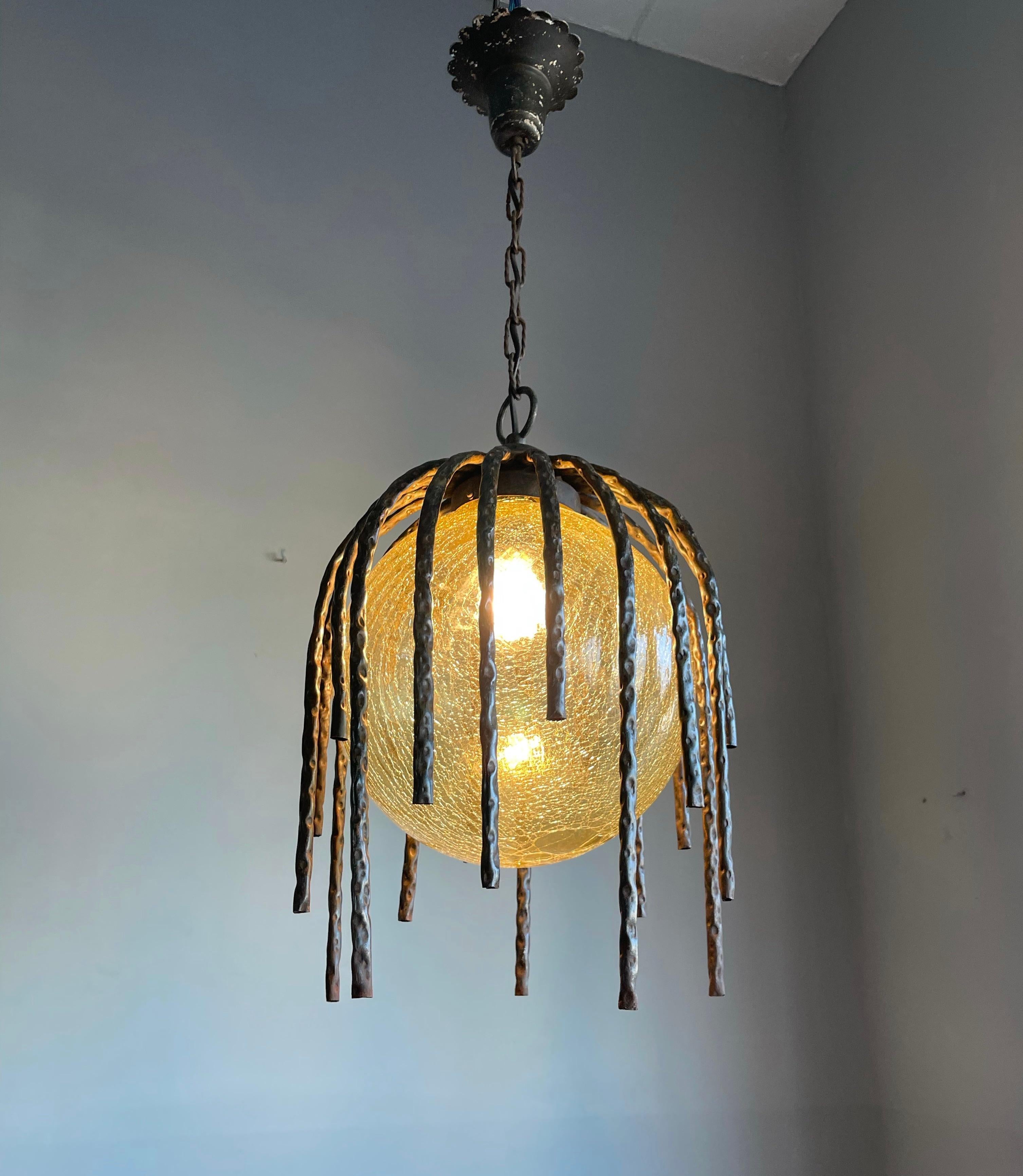 Large and Striking, Midcentury Crackled Amber Glass in Iron Frame Pendant Light For Sale 9
