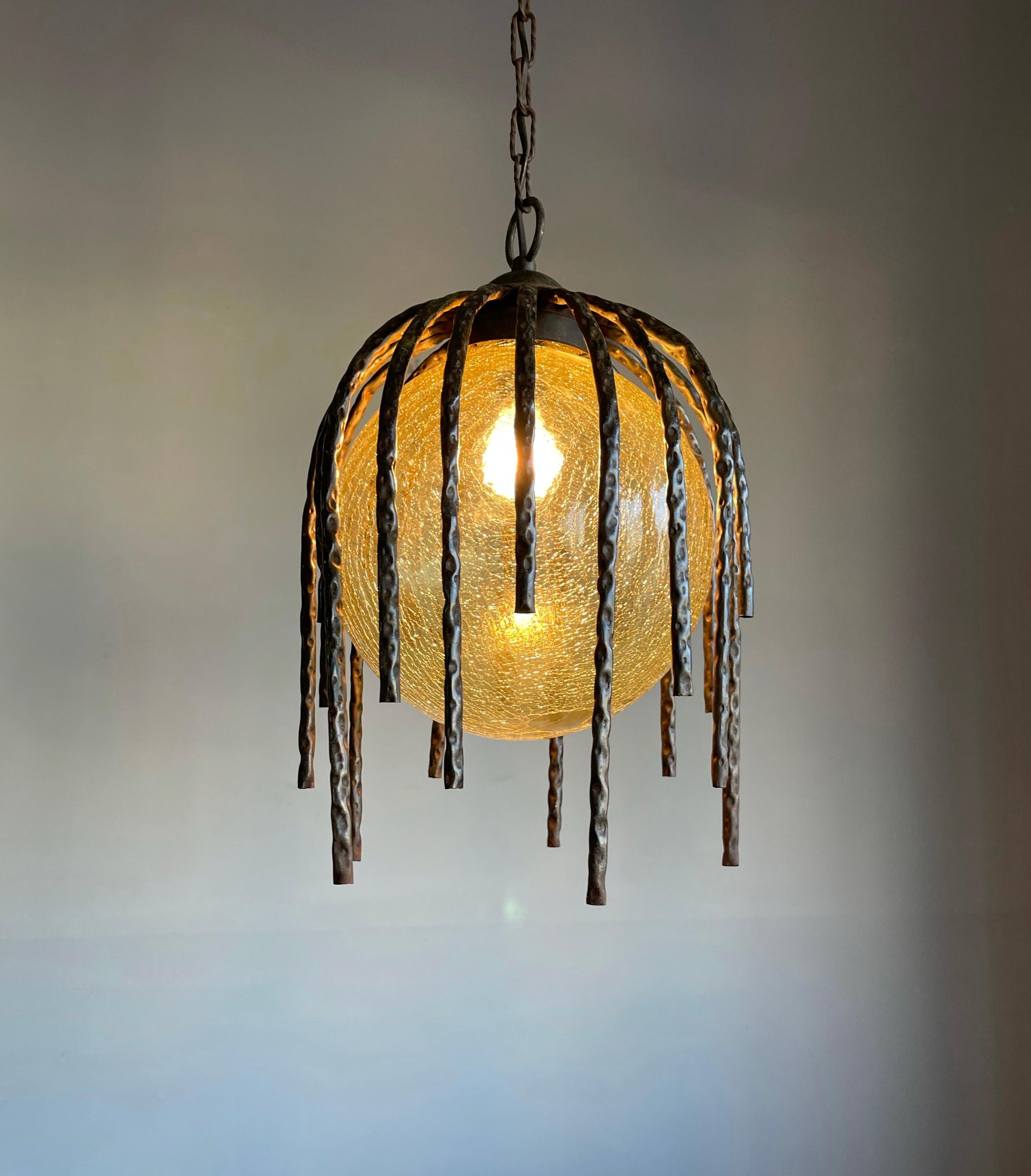 Large and Striking, Midcentury Crackled Amber Glass in Iron Frame Pendant Light For Sale 10