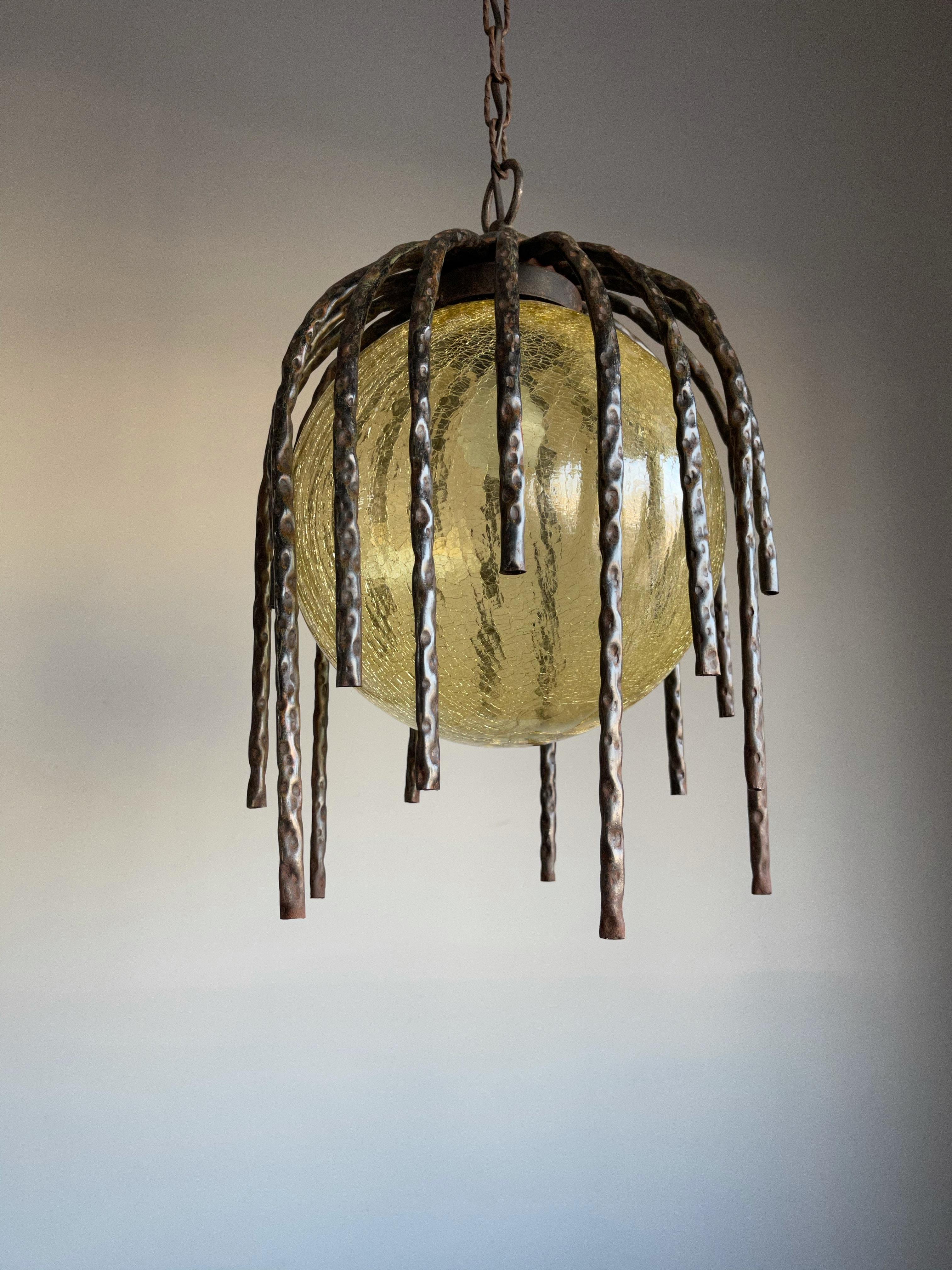 Large and Striking, Midcentury Crackled Amber Glass in Iron Frame Pendant Light For Sale 11