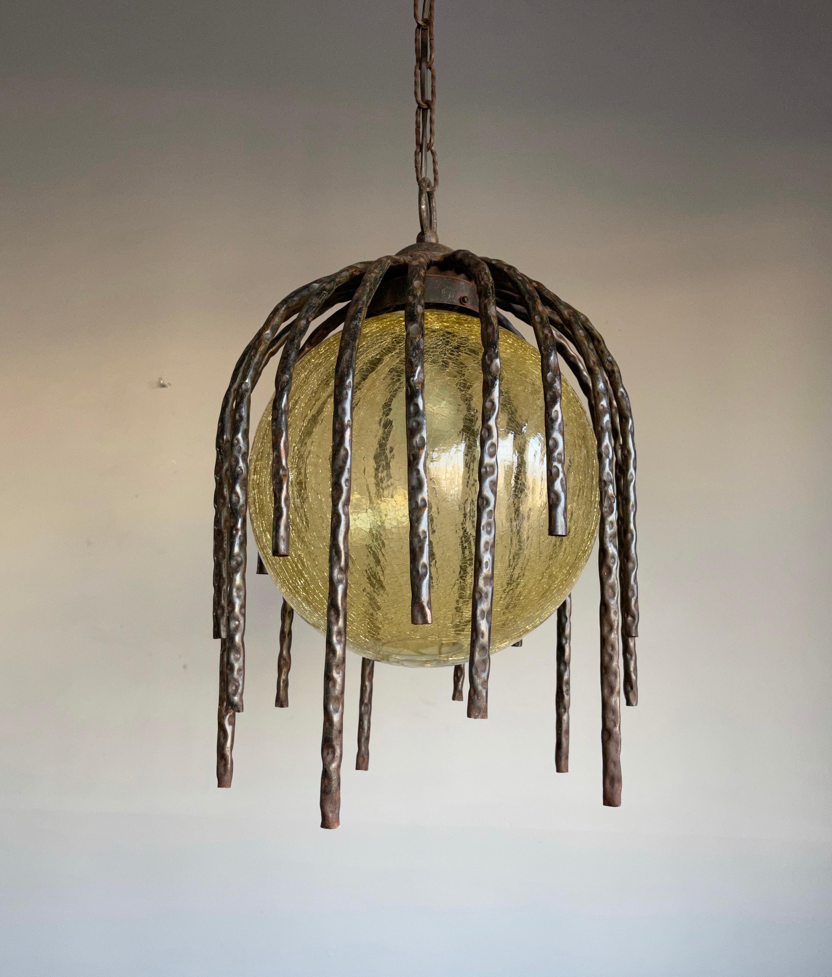 Large and Striking, Midcentury Crackled Amber Glass in Iron Frame Pendant Light For Sale 13