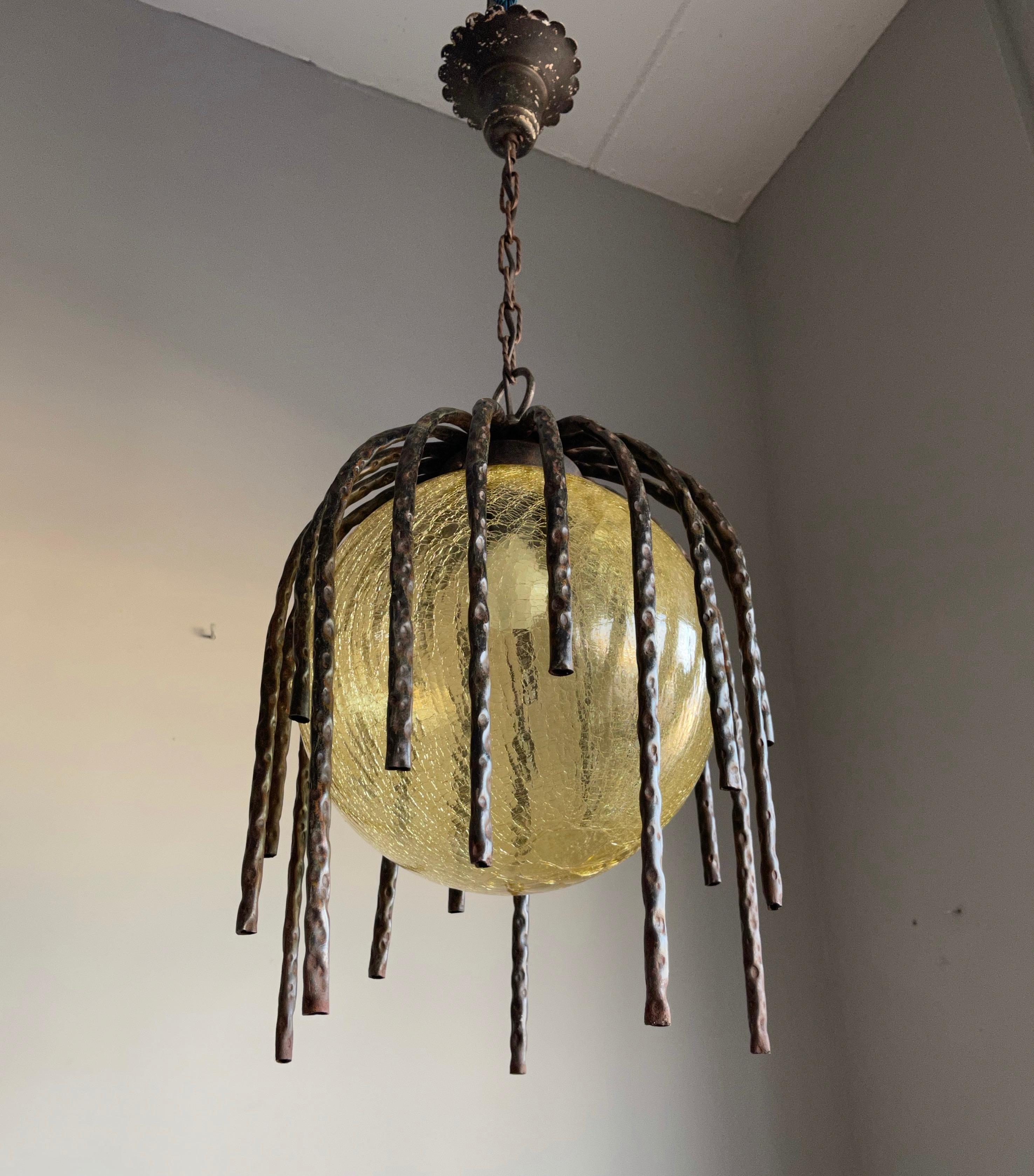 Large and Striking, Midcentury Crackled Amber Glass in Iron Frame Pendant Light For Sale 1