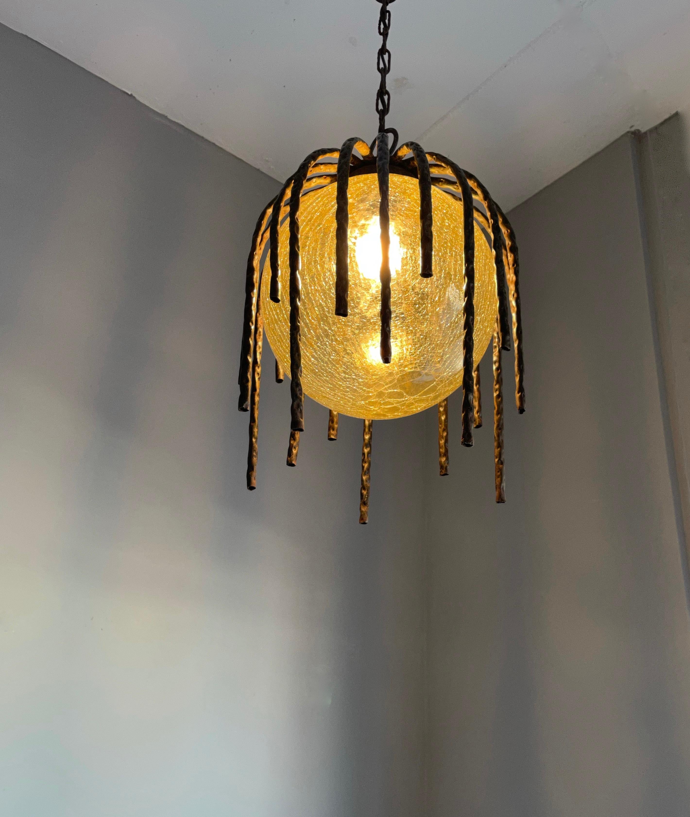 Large and Striking, Midcentury Crackled Amber Glass in Iron Frame Pendant Light For Sale 2
