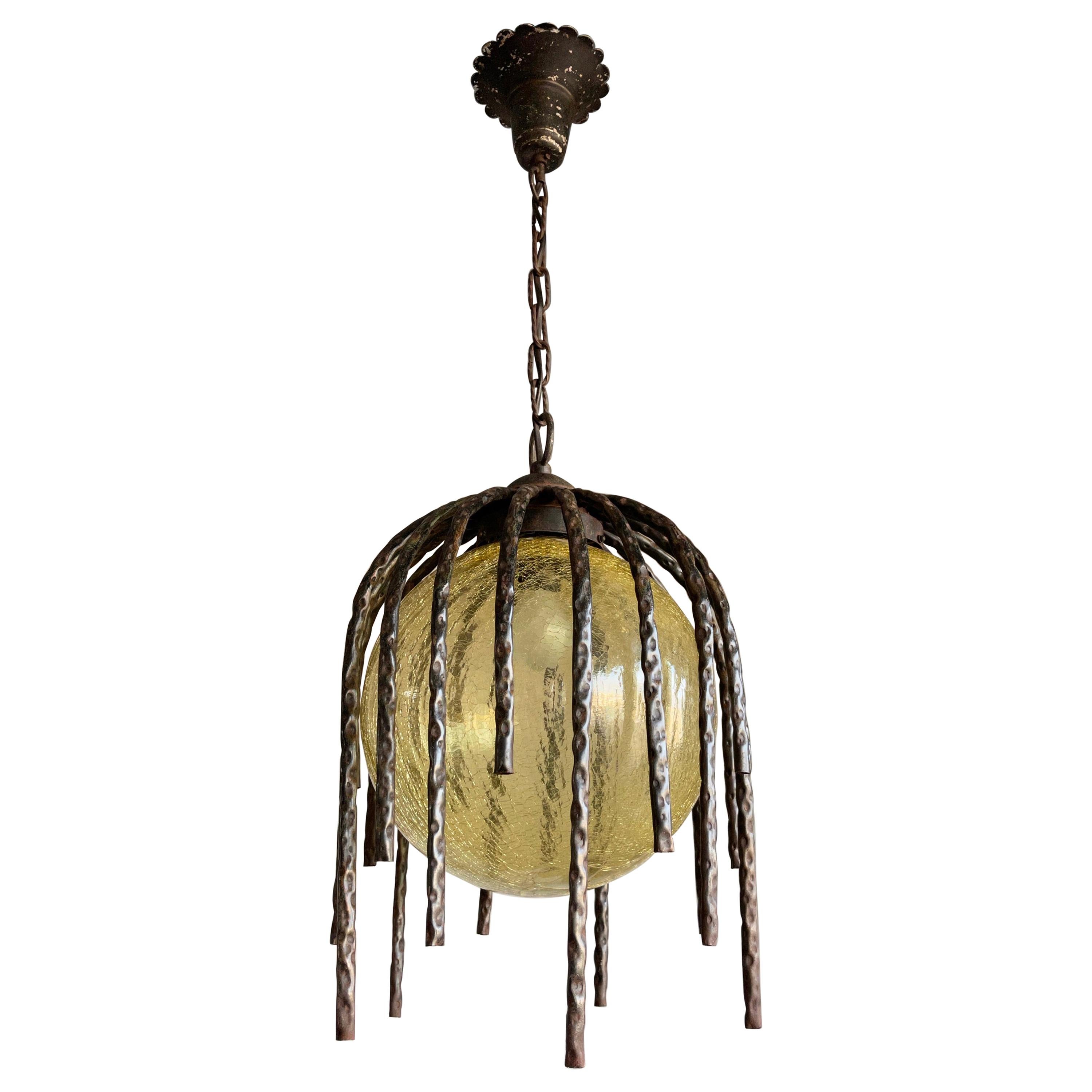 Large and Striking, Midcentury Crackled Amber Glass in Iron Frame Pendant Light For Sale