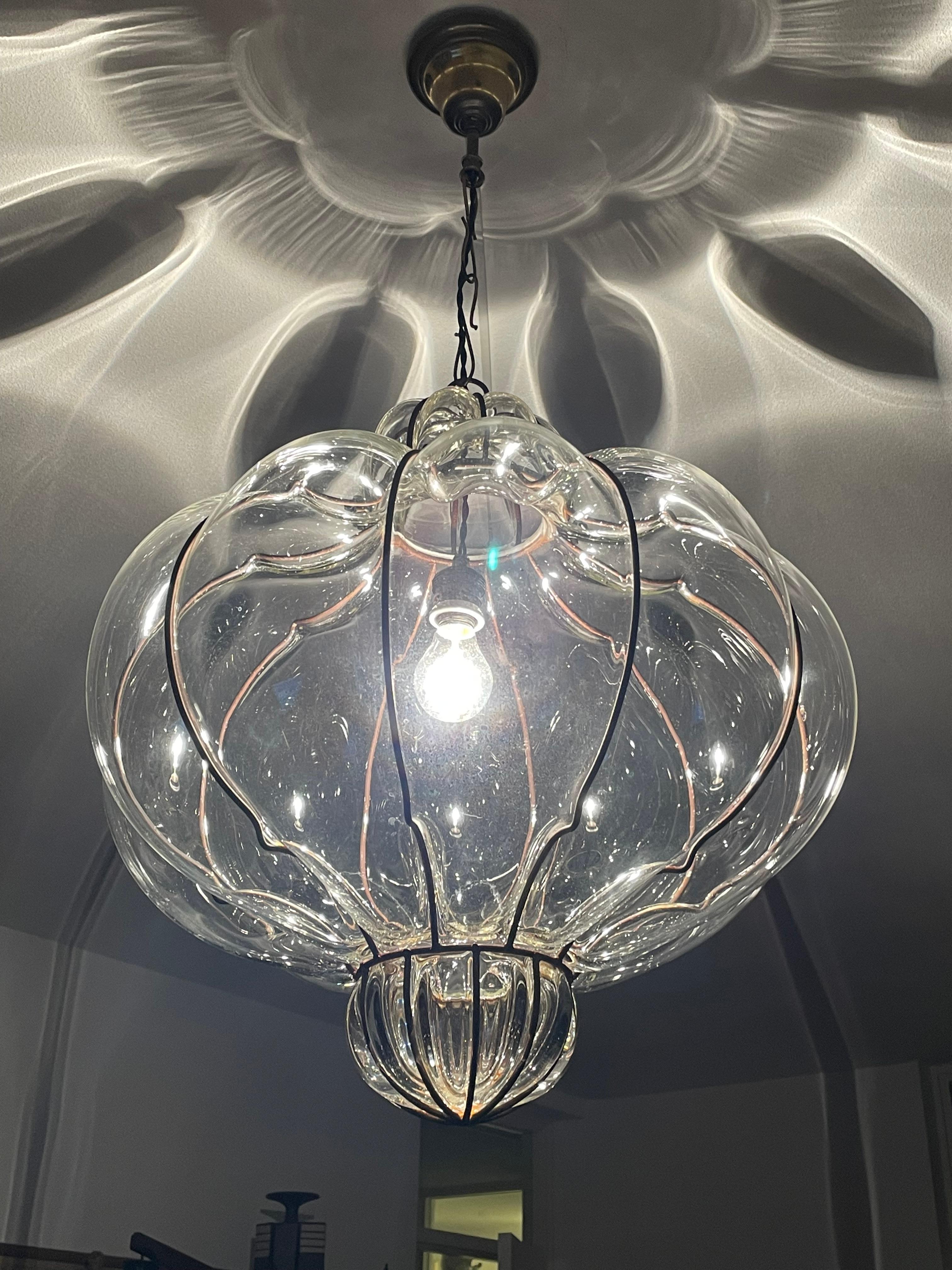 Large and Striking, Pumpkin Shape Mouth Blown Midcentury Venetian Pendant Light 2