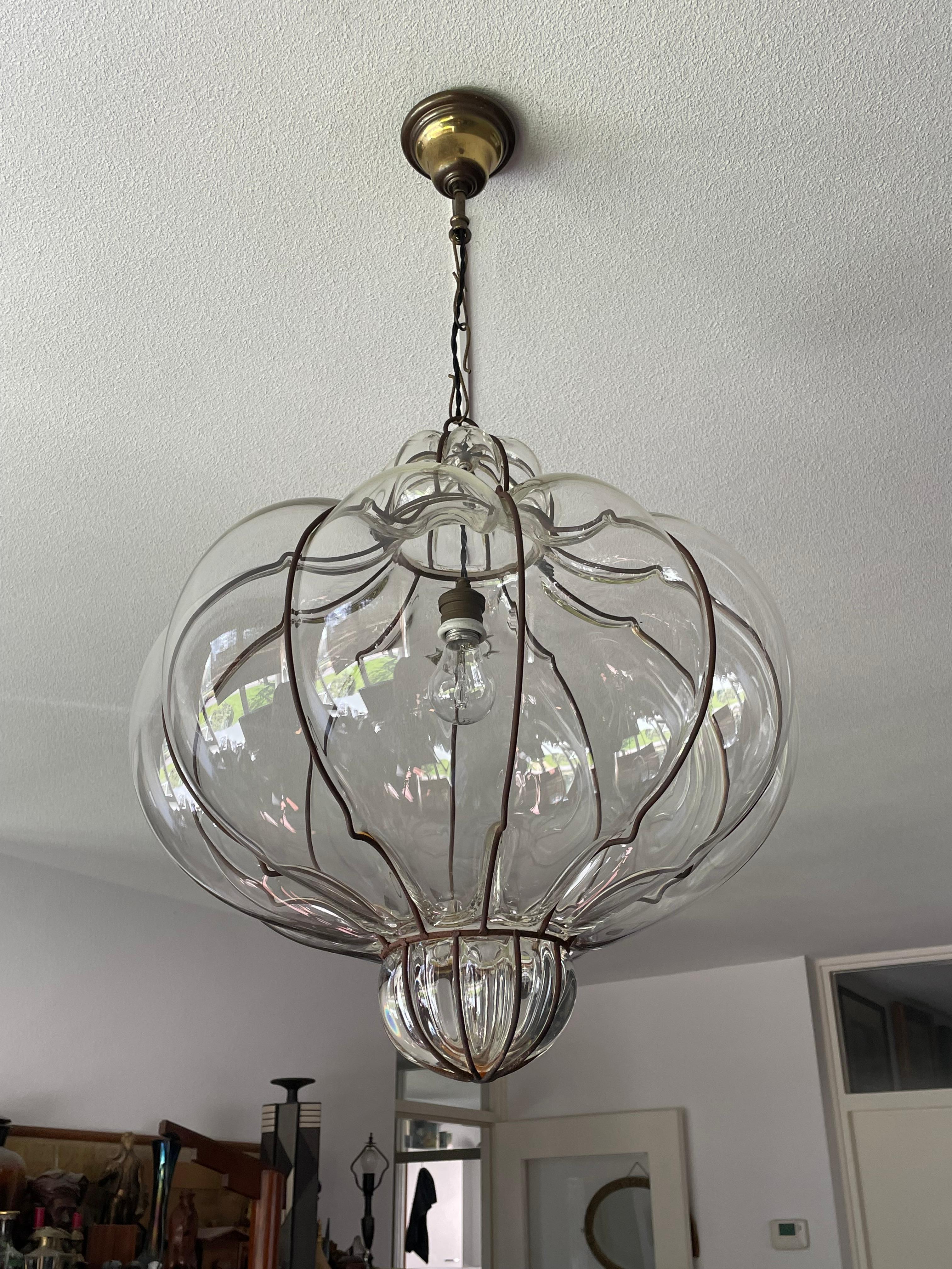 Large and Striking, Pumpkin Shape Mouth Blown Midcentury Venetian Pendant Light 3