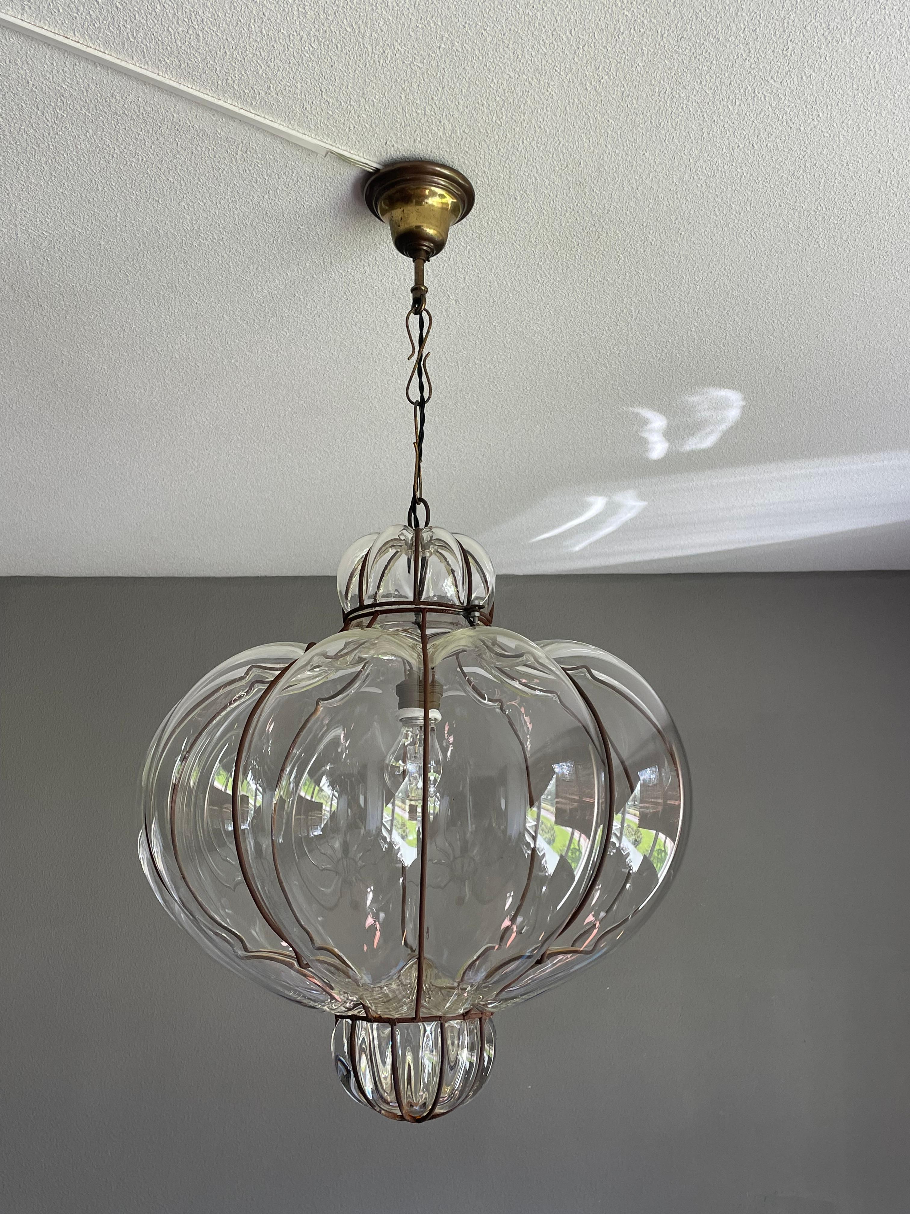Large and Striking, Pumpkin Shape Mouth Blown Midcentury Venetian Pendant Light 8