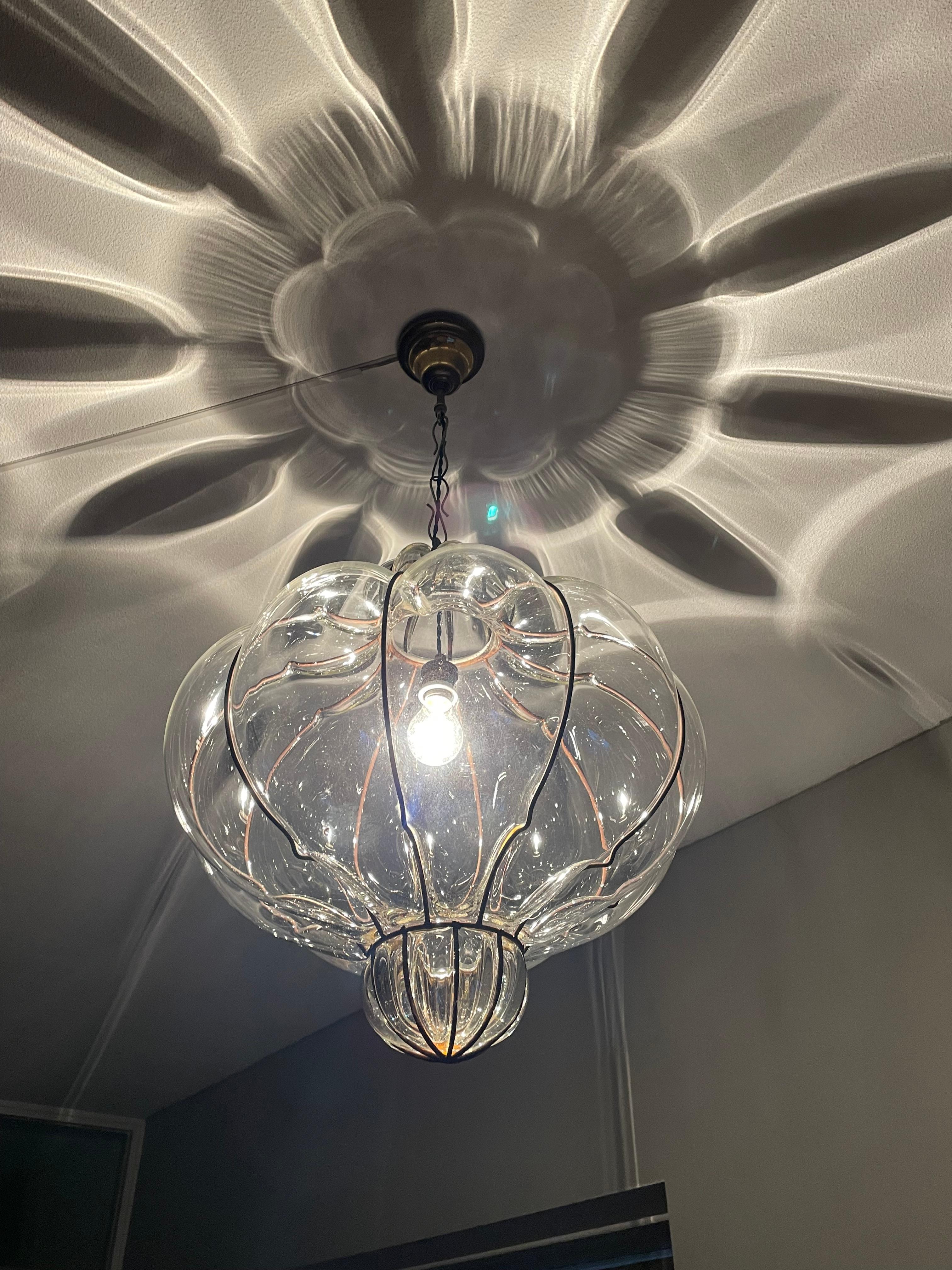 Large and Striking, Pumpkin Shape Mouth Blown Midcentury Venetian Pendant Light 9
