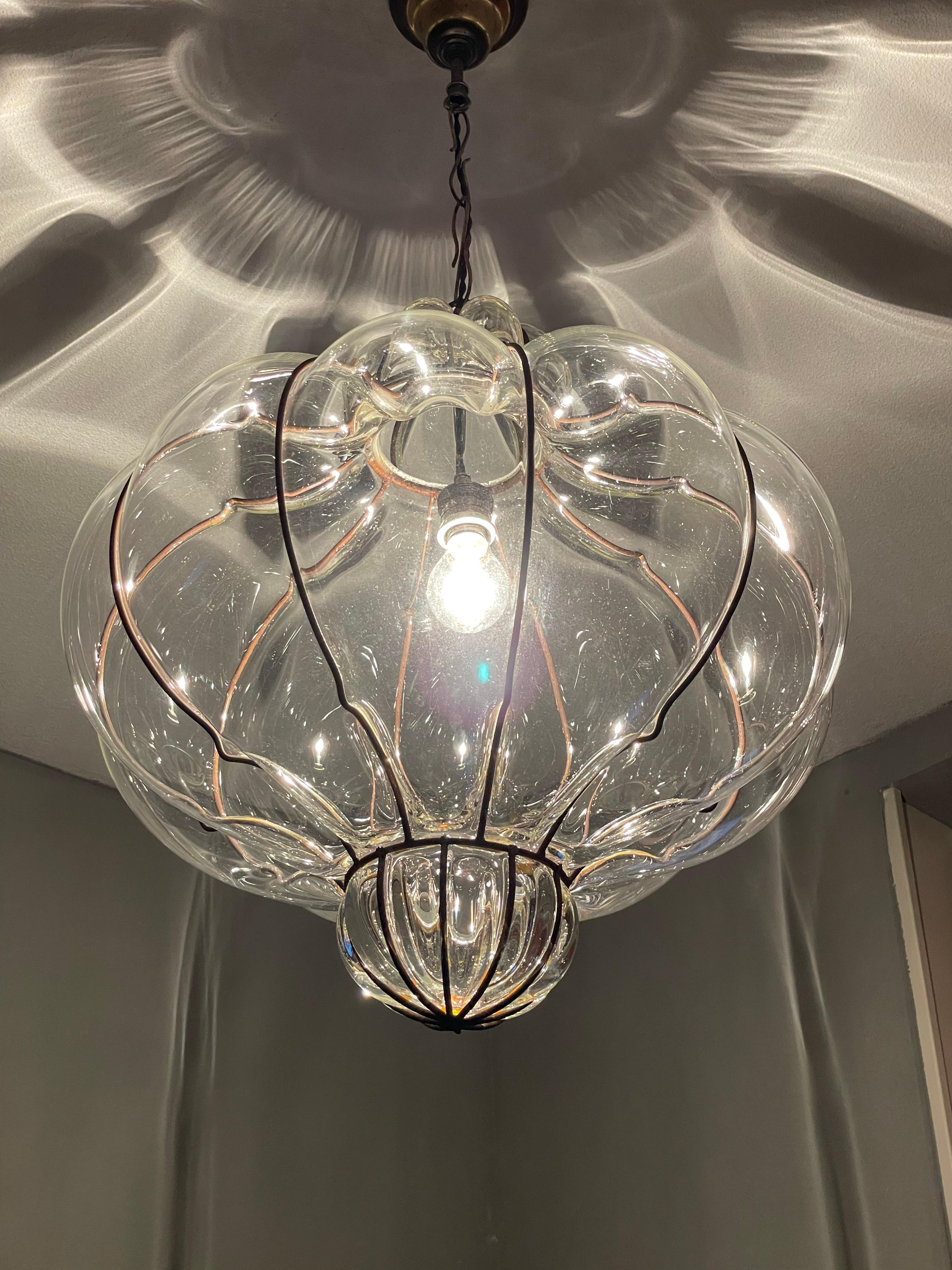 Large and Striking, Pumpkin Shape Mouth Blown Midcentury Venetian Pendant Light 11