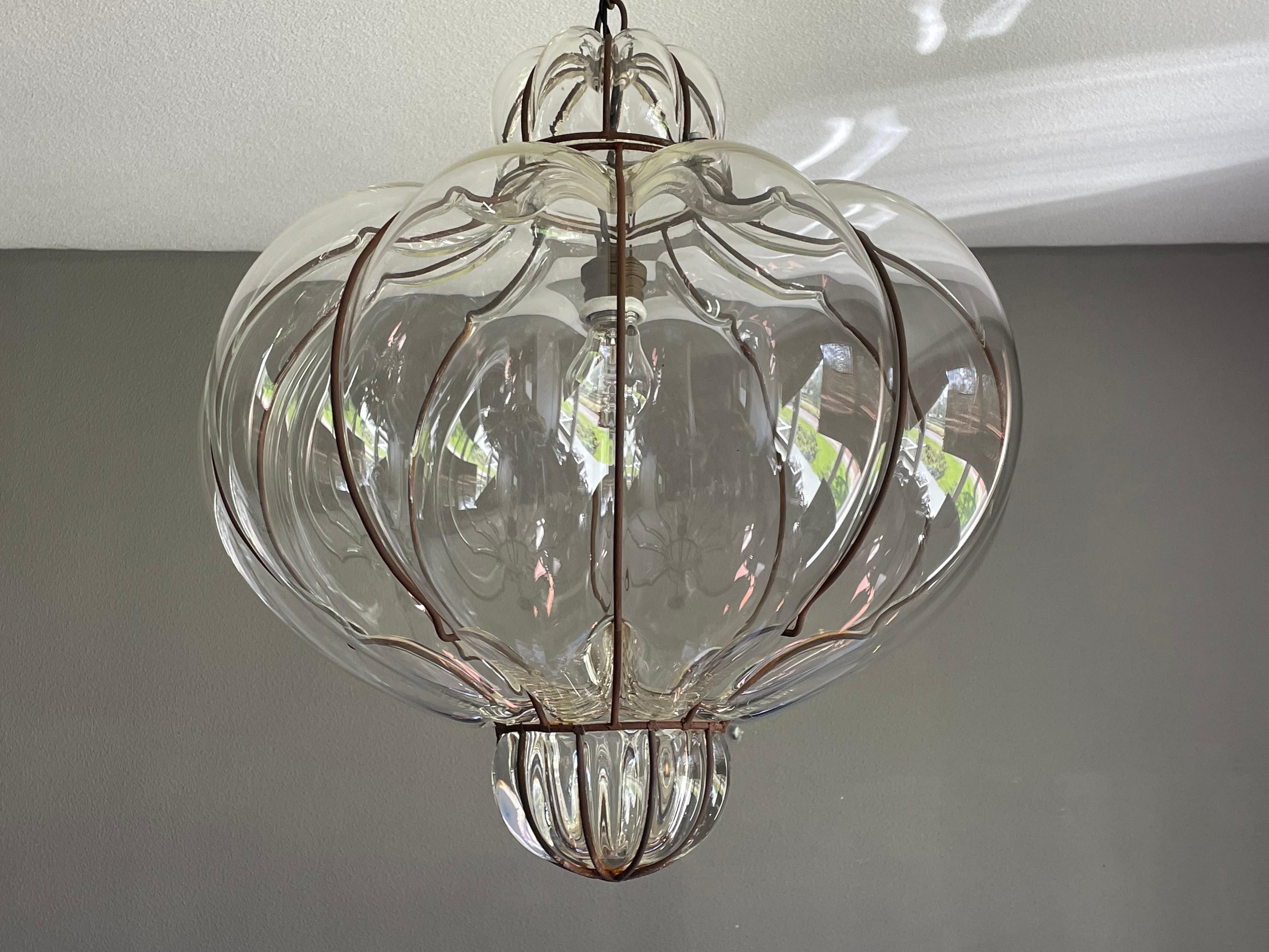 Large and Striking, Pumpkin Shape Mouth Blown Midcentury Venetian Pendant Light 12