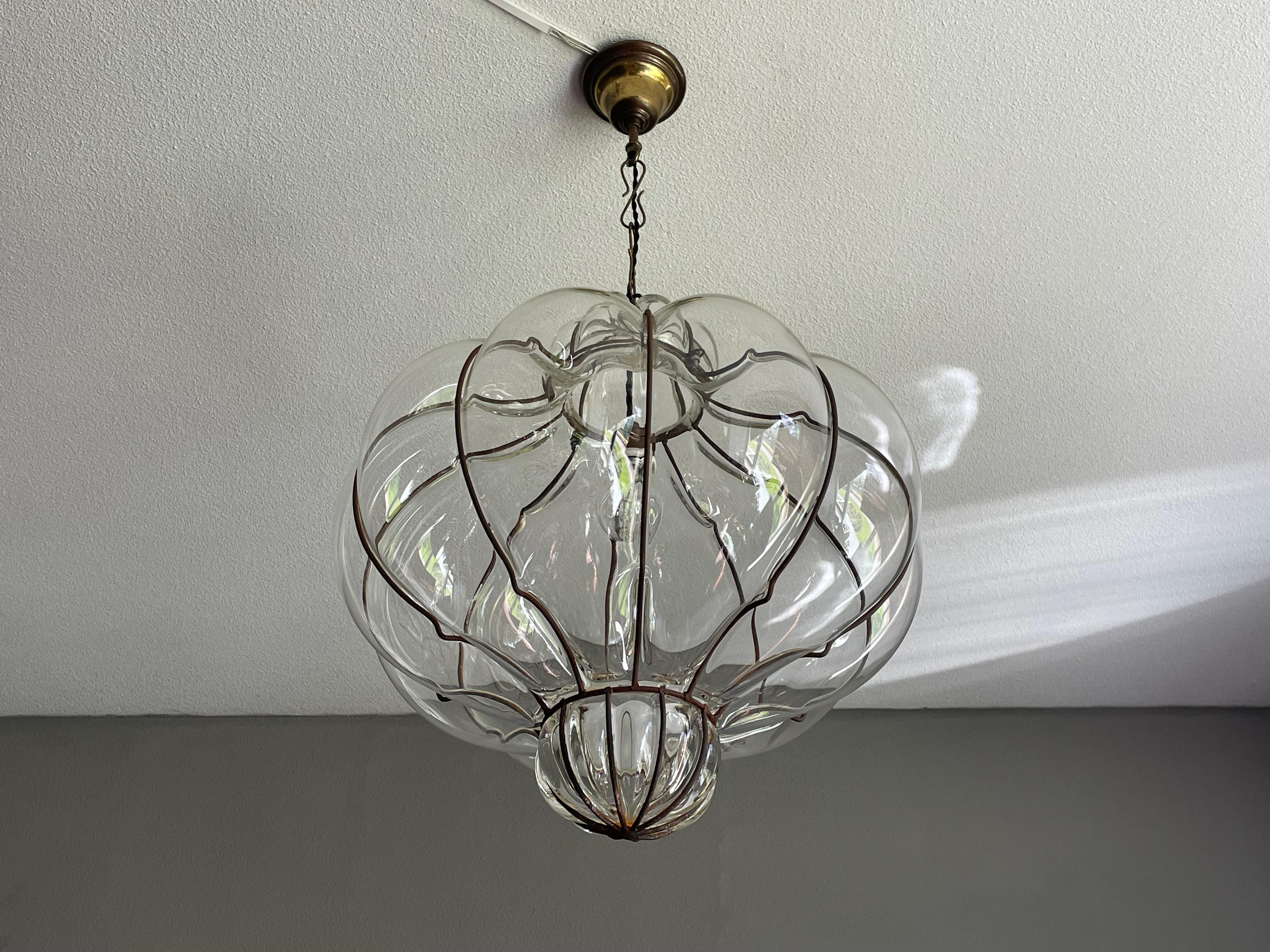 Mid-Century Modern Large and Striking, Pumpkin Shape Mouth Blown Midcentury Venetian Pendant Light
