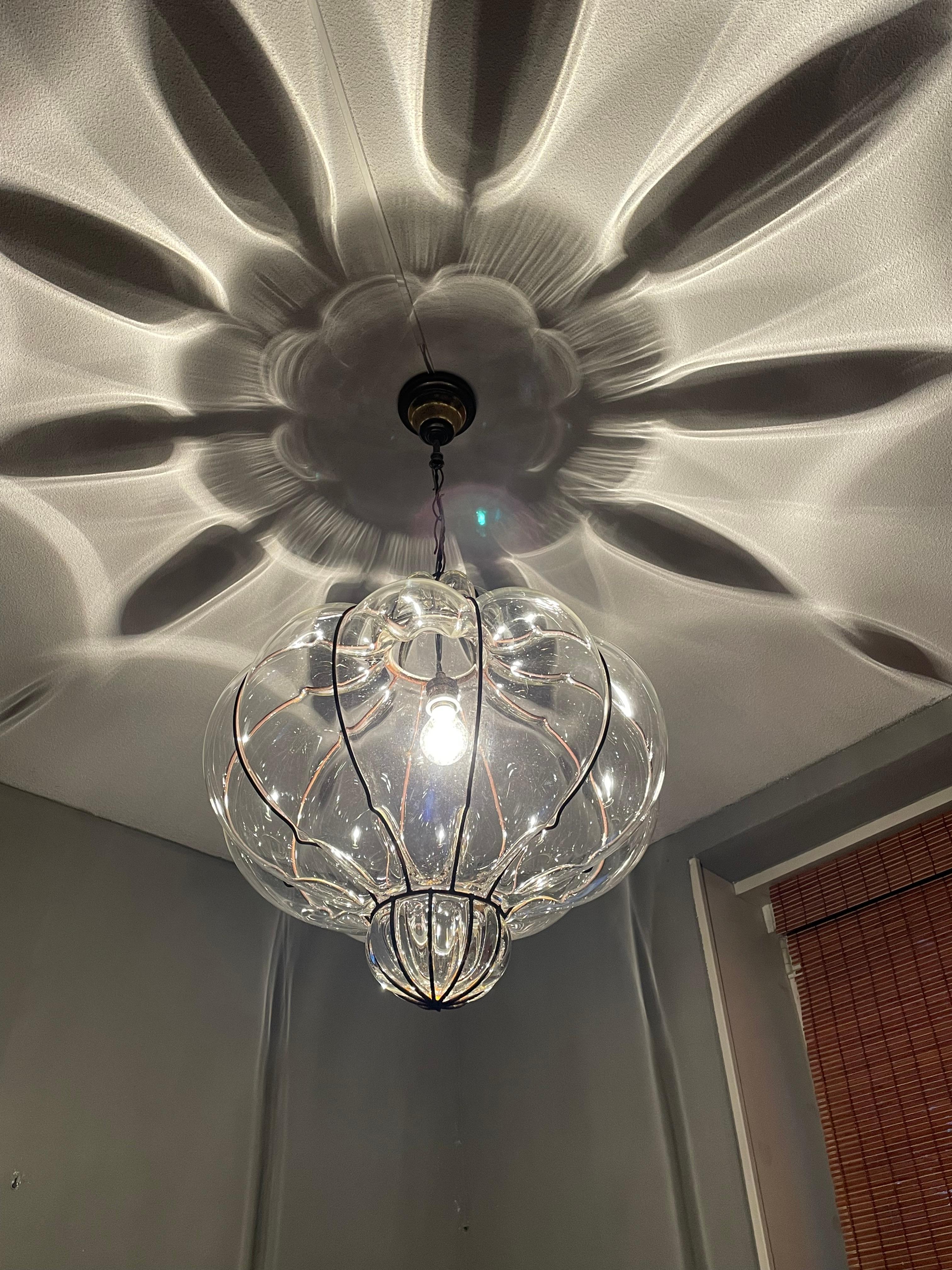 Large and Striking, Pumpkin Shape Mouth Blown Midcentury Venetian Pendant Light In Good Condition In Lisse, NL