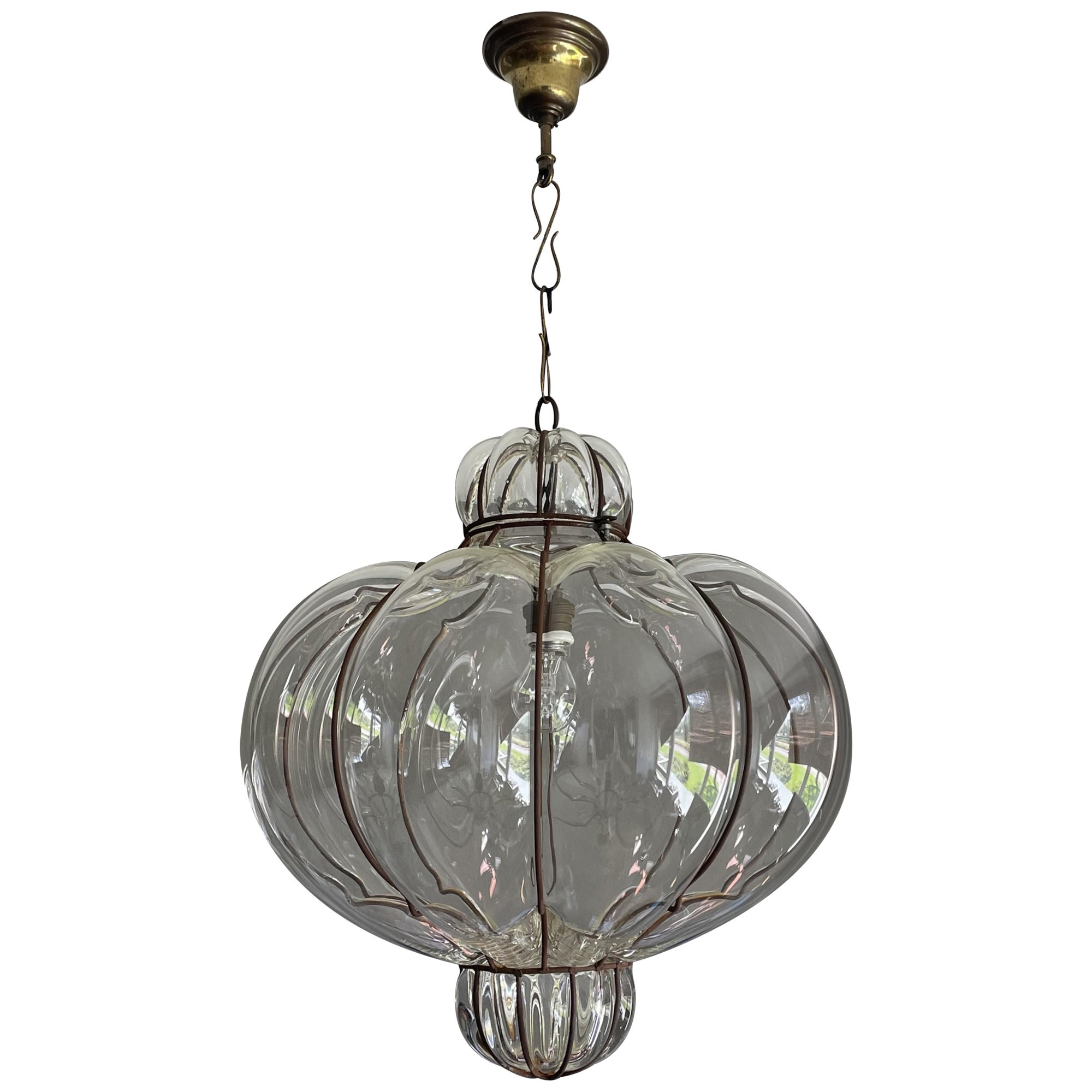 Large and Striking, Pumpkin Shape Mouth Blown Midcentury Venetian Pendant Light
