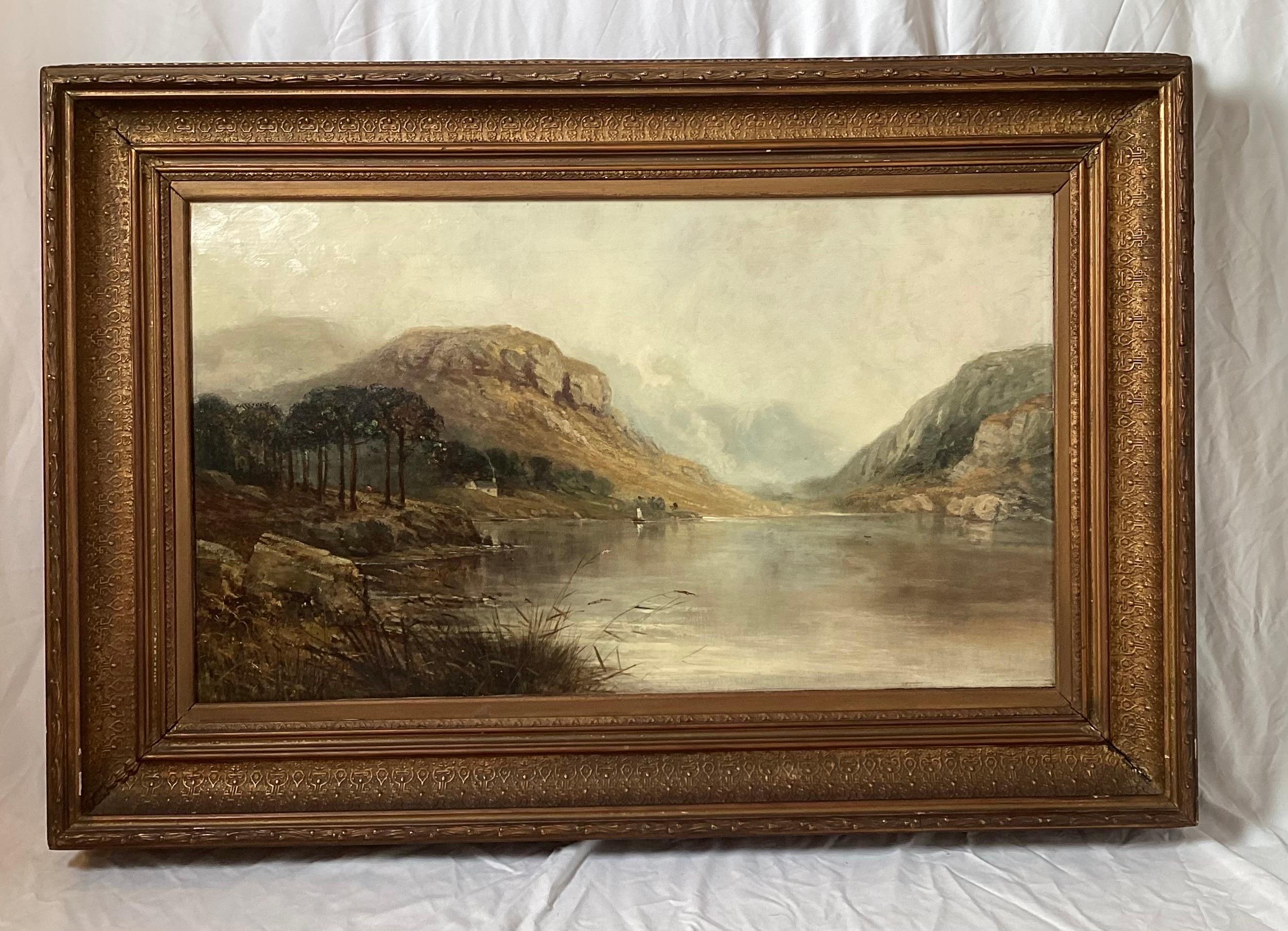 A large and beautifully painted English landscape oil on canvas in original giltwood frame, artist signed Arthur Wellesley Cotrell on lover left. Well cared for original condition with patination to the frame and some minor chipping. 44.5 wide, 30.5