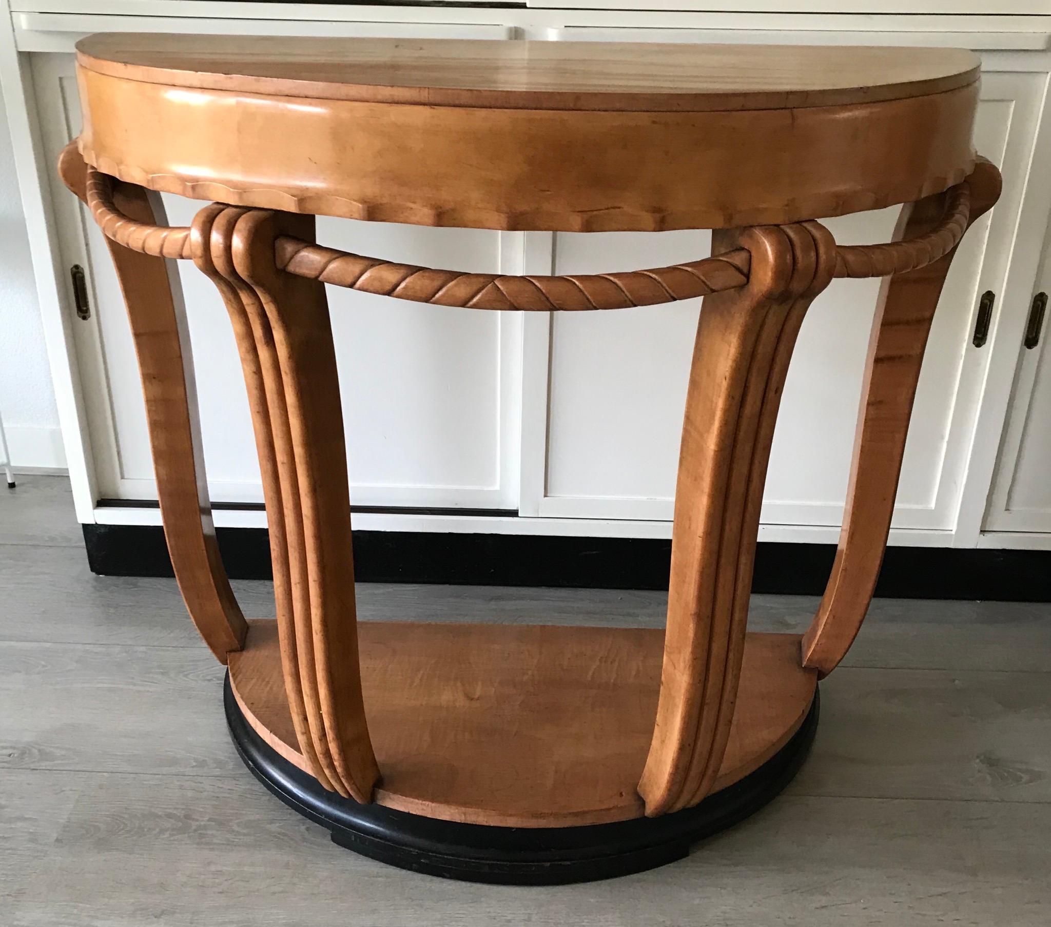 Large & Stylish Semi Circular Art Deco Console / Side Table of Stained Beechwood For Sale 3