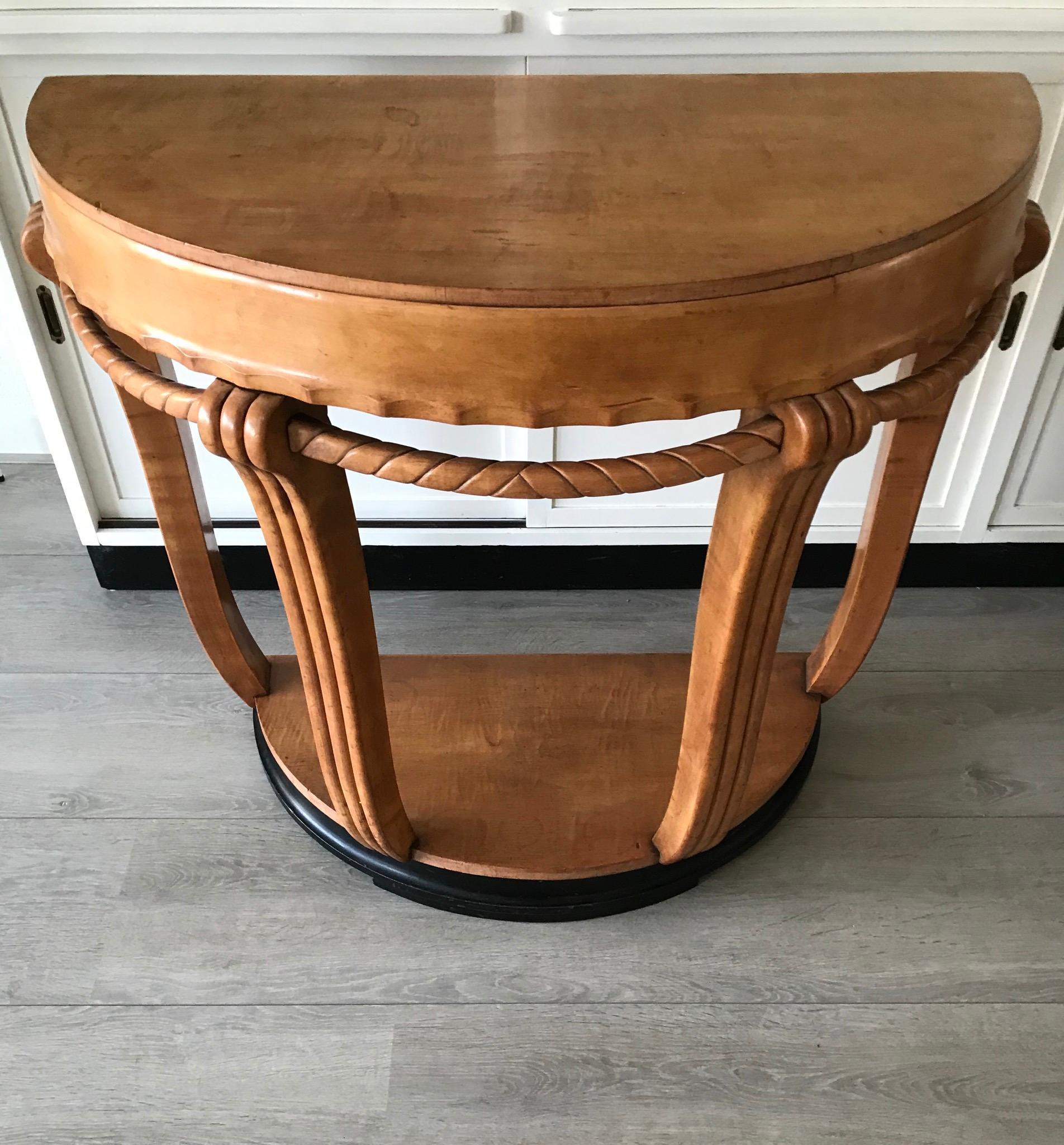 Large & Stylish Semi Circular Art Deco Console / Side Table of Stained Beechwood For Sale 4