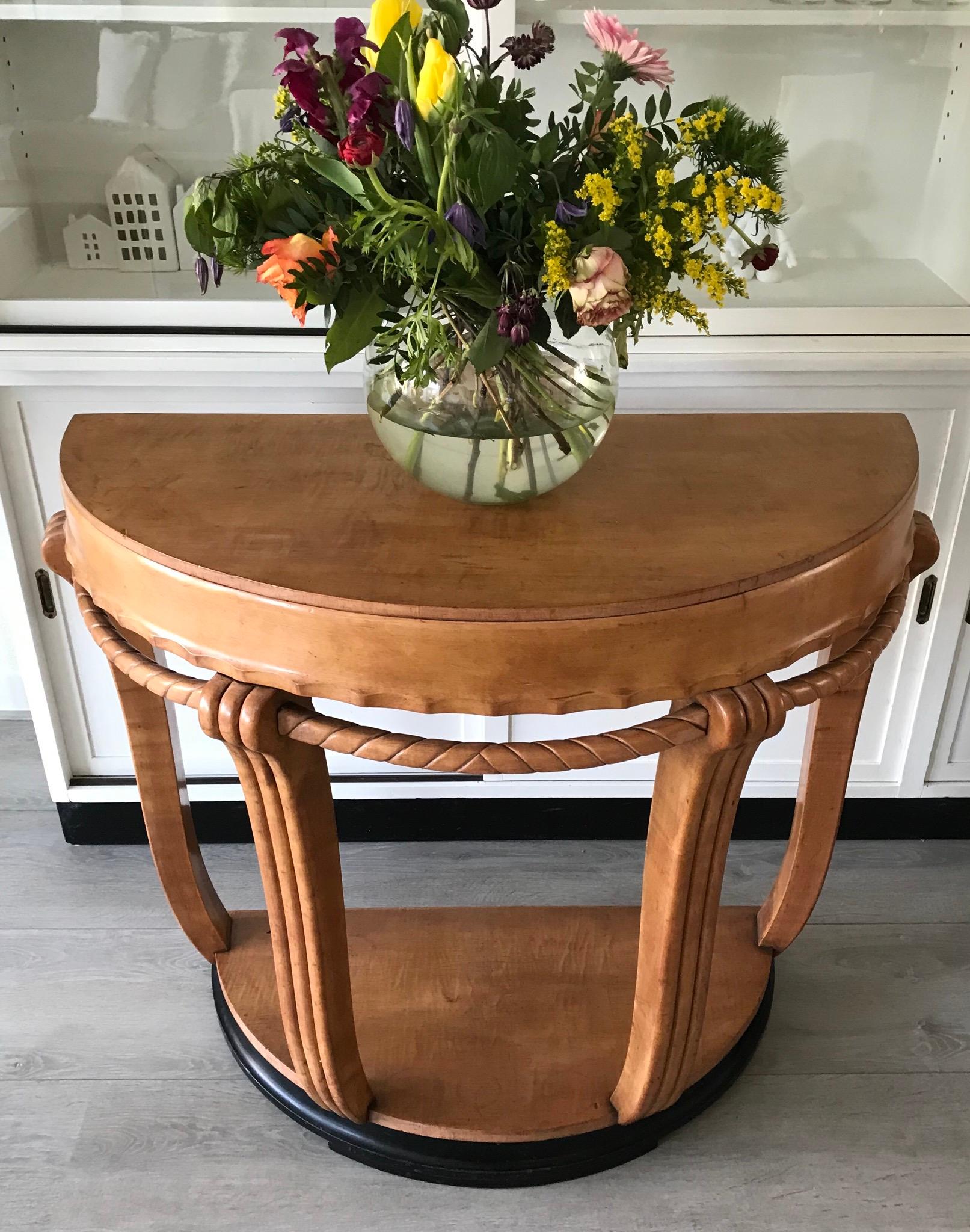 Large & Stylish Semi Circular Art Deco Console / Side Table of Stained Beechwood For Sale 5