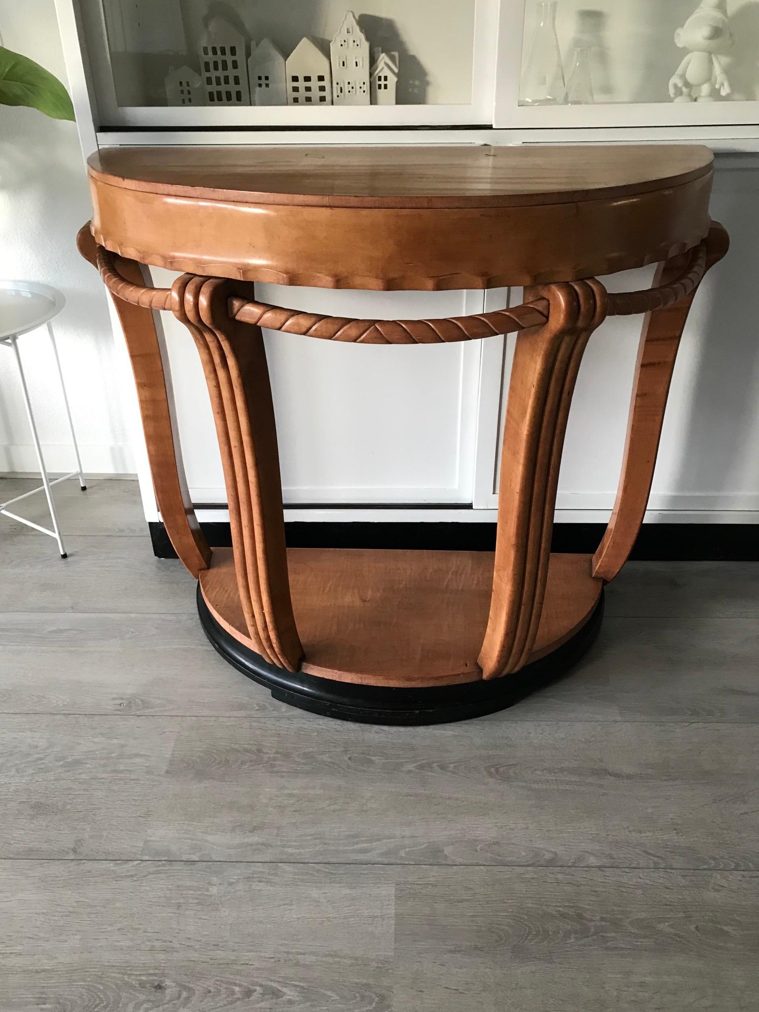 Large & Stylish Semi Circular Art Deco Console / Side Table of Stained Beechwood For Sale 7