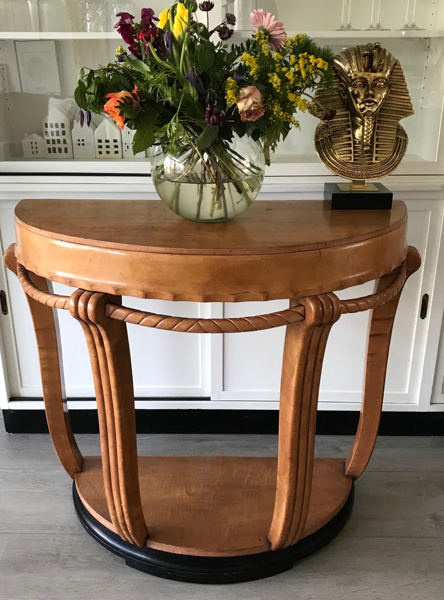 Large & Stylish Semi Circular Art Deco Console / Side Table of Stained Beechwood For Sale 8