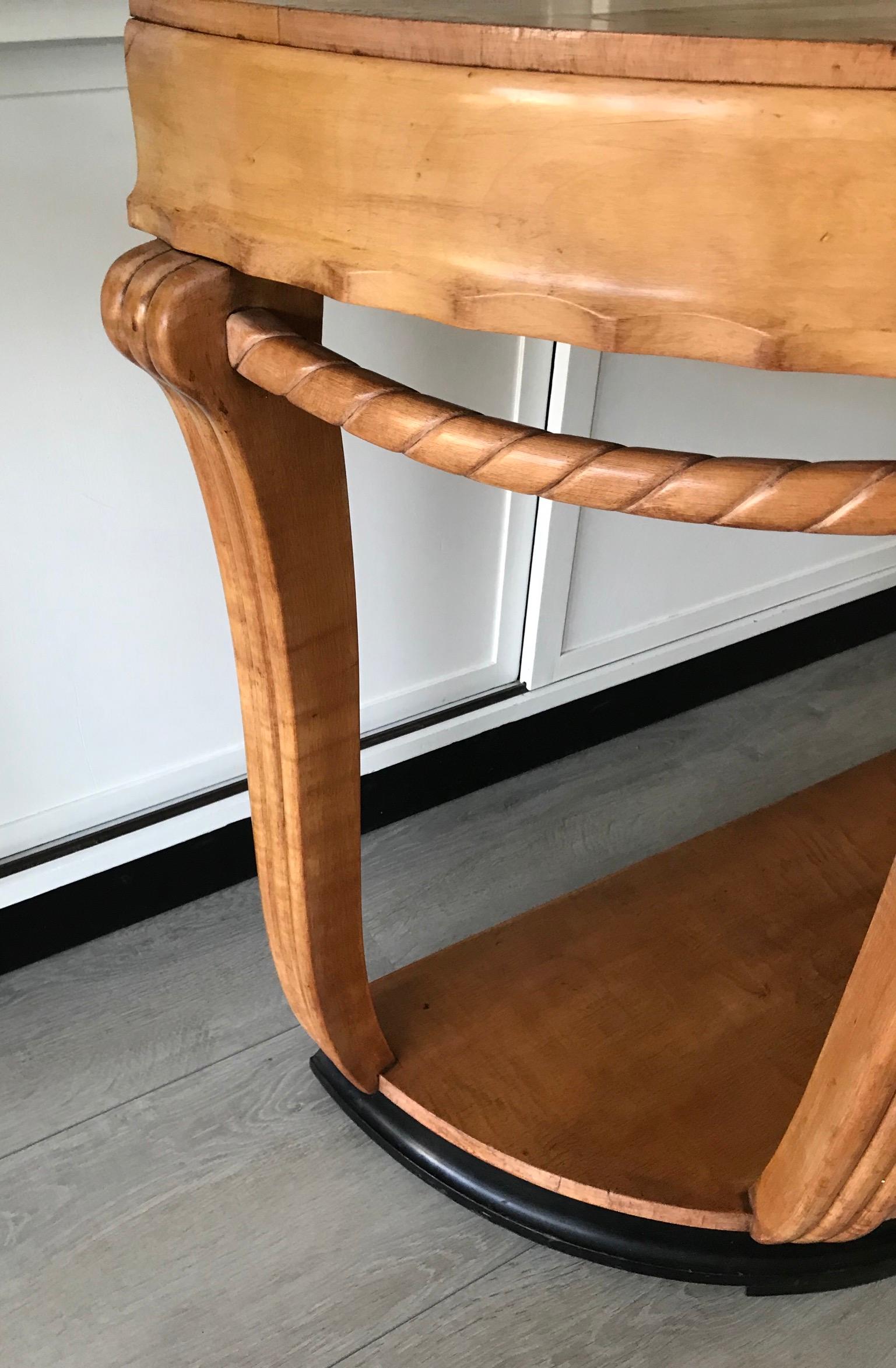 Hand-Carved Large & Stylish Semi Circular Art Deco Console / Side Table of Stained Beechwood For Sale