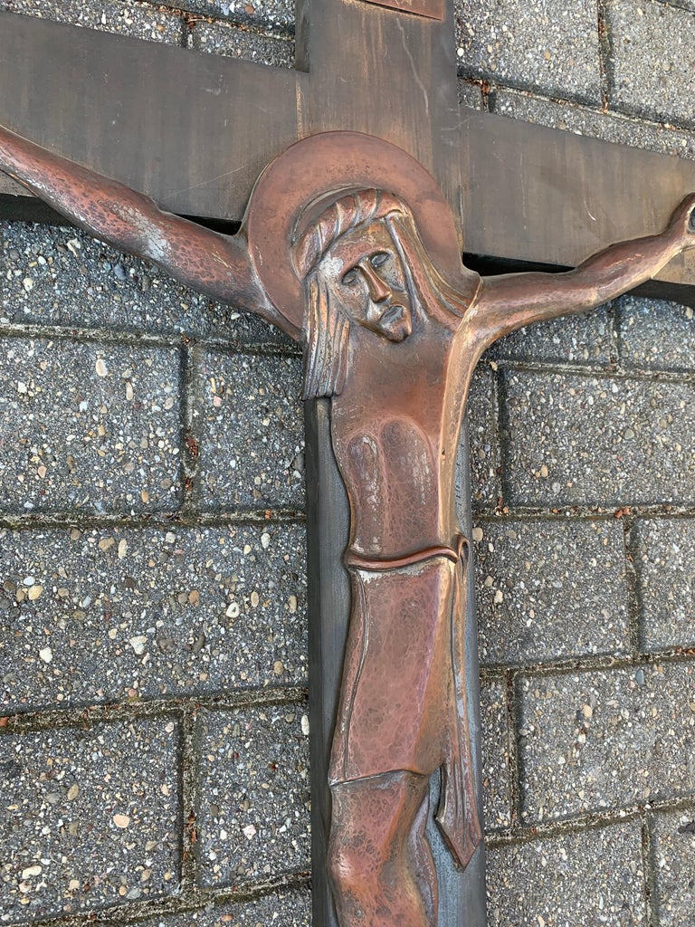 Large and Stylized Arts and Crafts Quality Metal and Solid Brass Wall Crucifix For Sale at 1stDibs