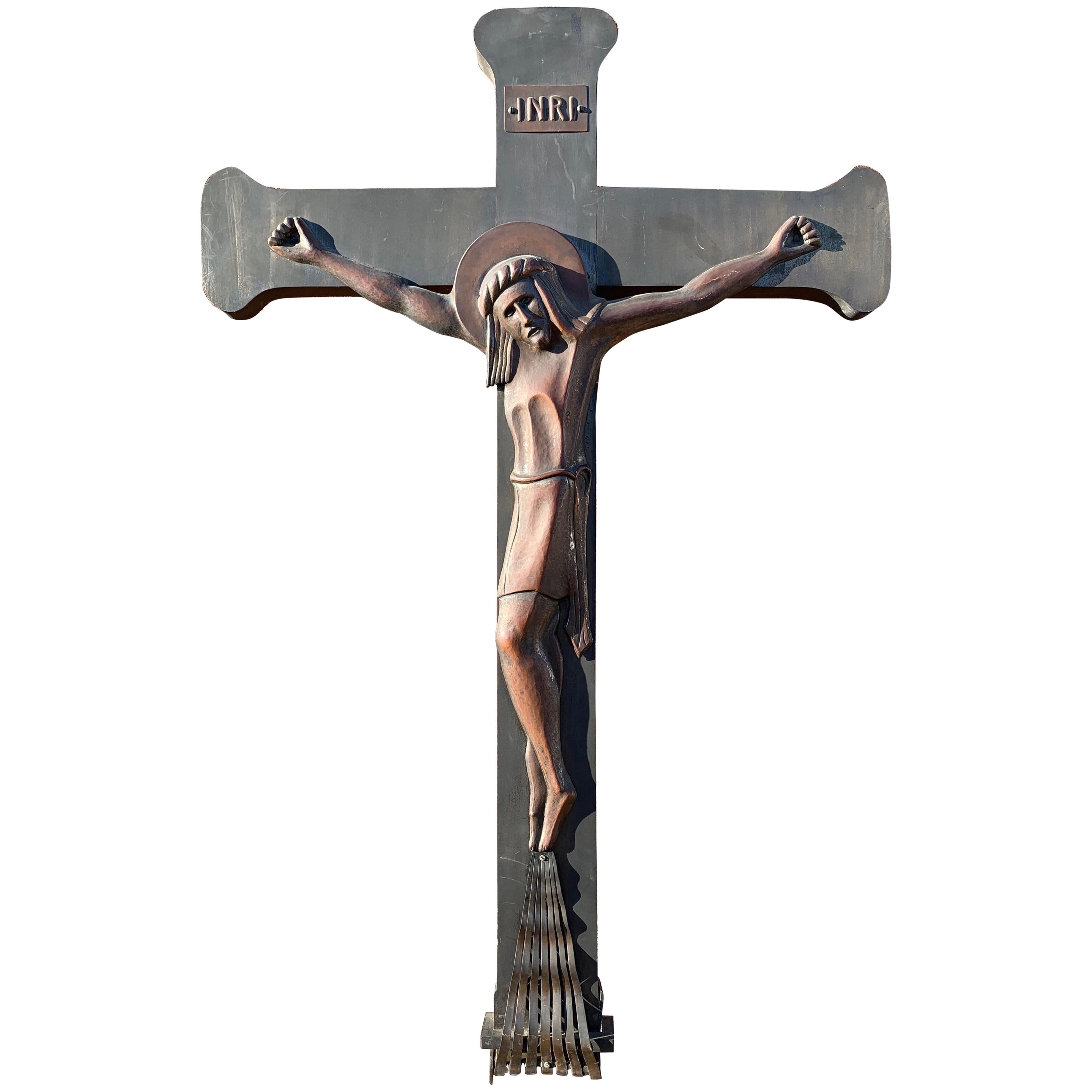 Large and Stylized Arts and Crafts Quality Metal and Solid Brass Wall Crucifix