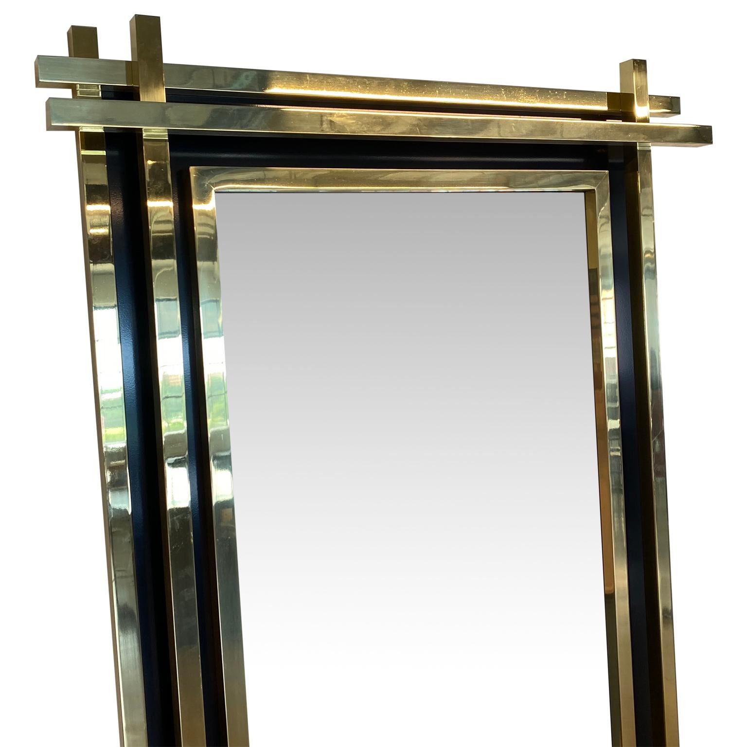 Hand-Crafted Large And Tall Italian Made Mid-Century Brass Floor Mirror
