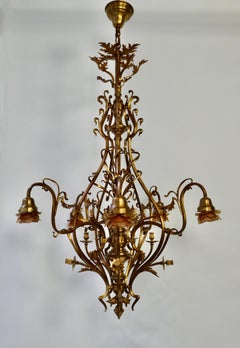 Large French Art Nouveau Gilt Brass Chandelier with Five Glass Flower Shades