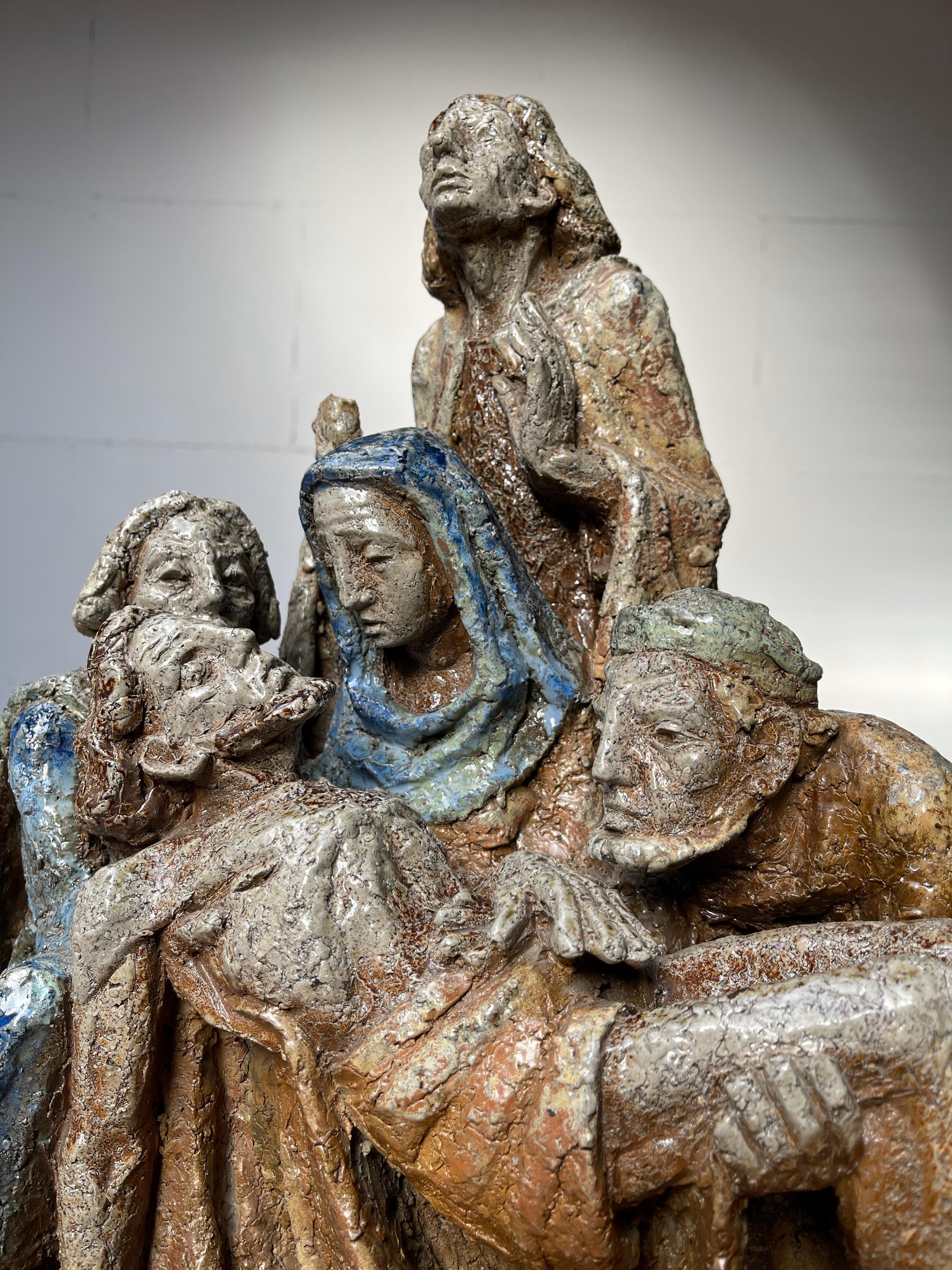 Large and Unique Gothic Revival Colored & Glazed Ceramic Pietà Sculpture / Group In Good Condition For Sale In Lisse, NL