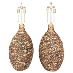 Large and Unique Pair of Woven Rattan Vessels with Lamp Application