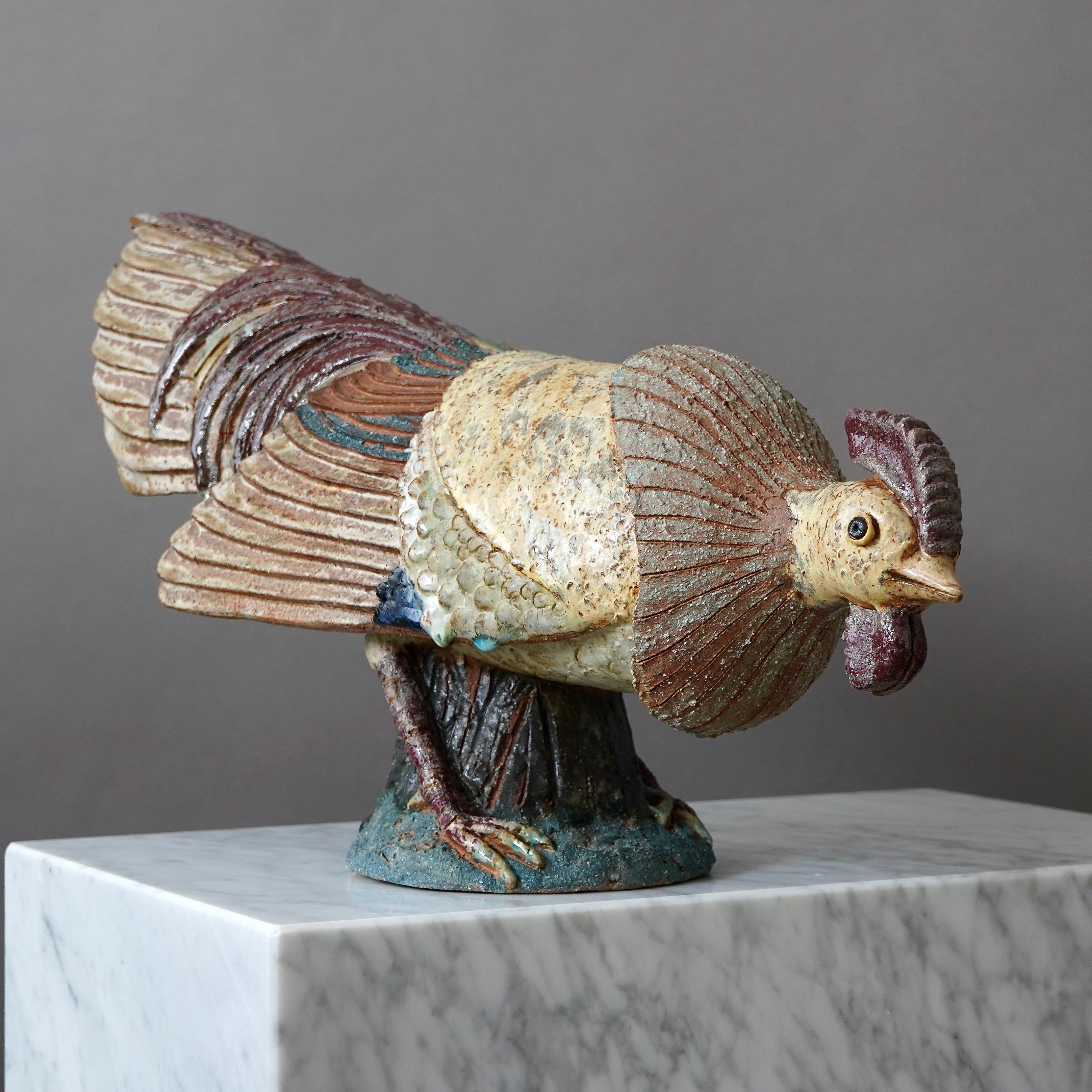 Swedish Large and Unique Stoneware Rooster by Tyra Lundgren. Sweden, 1955. For Sale