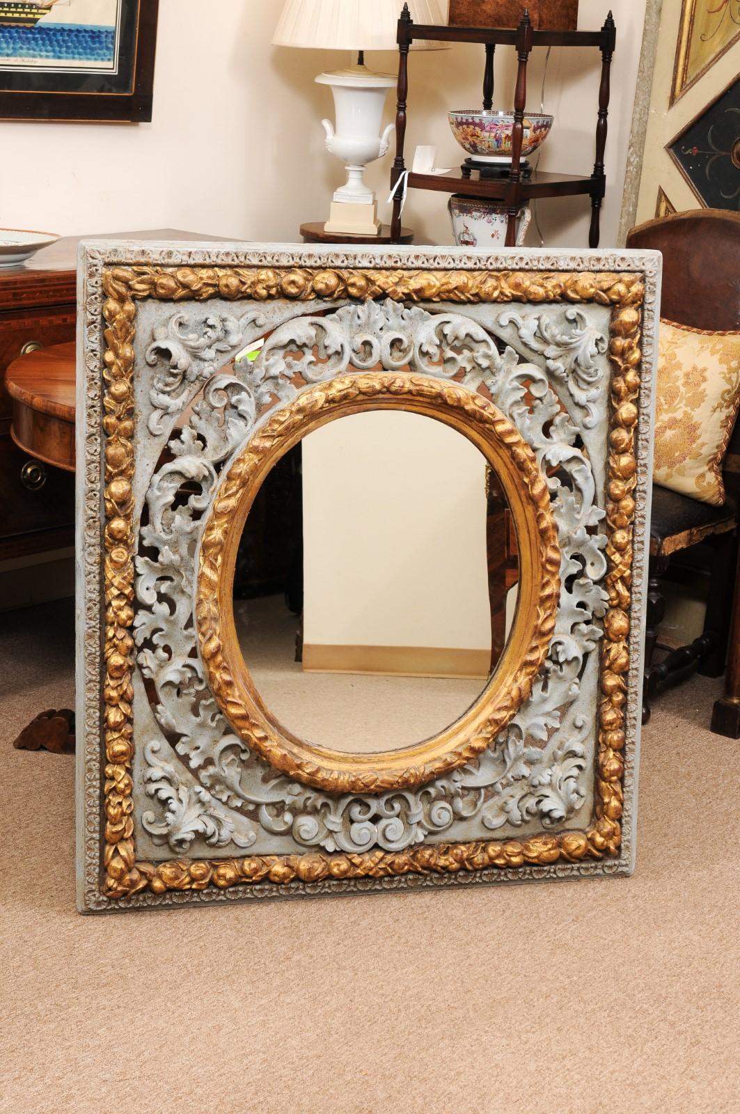 Large and Unusual 18th Century Italian Rococo Blue Painted & Parcel Gilt Mirror In Good Condition For Sale In Atlanta, GA