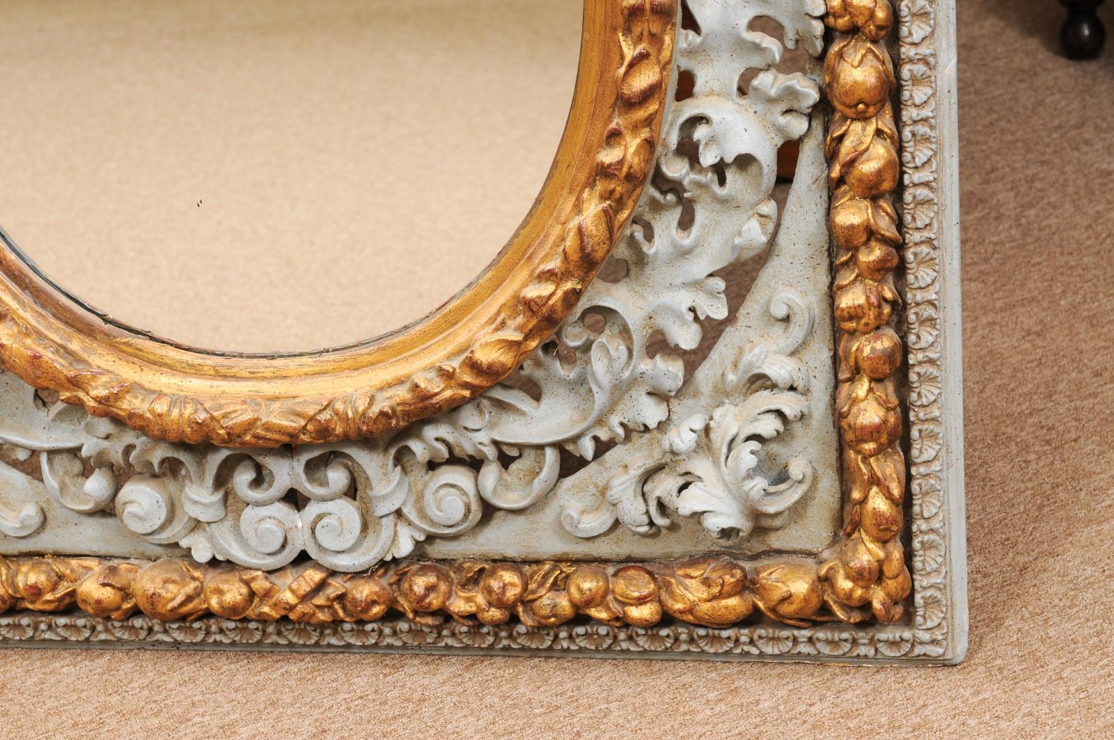 Large and Unusual 18th Century Italian Rococo Blue Painted & Parcel Gilt Mirror For Sale 2