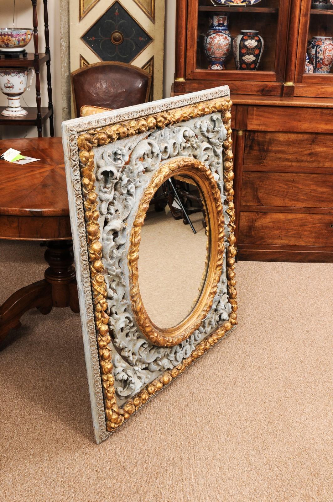 Large and Unusual 18th Century Italian Rococo Blue Painted & Parcel Gilt Mirror For Sale 4