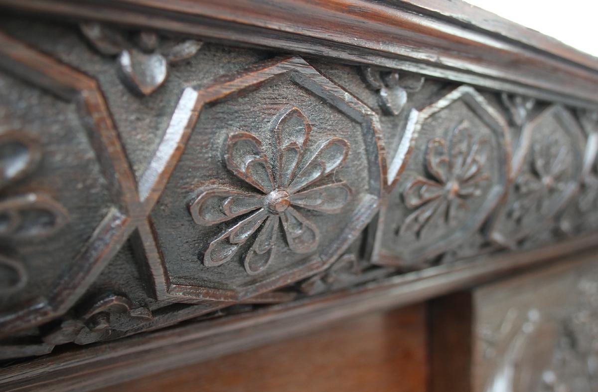 Large and Unusual Antique Late Victorian Carved Oak Fireplace Surround For Sale 4