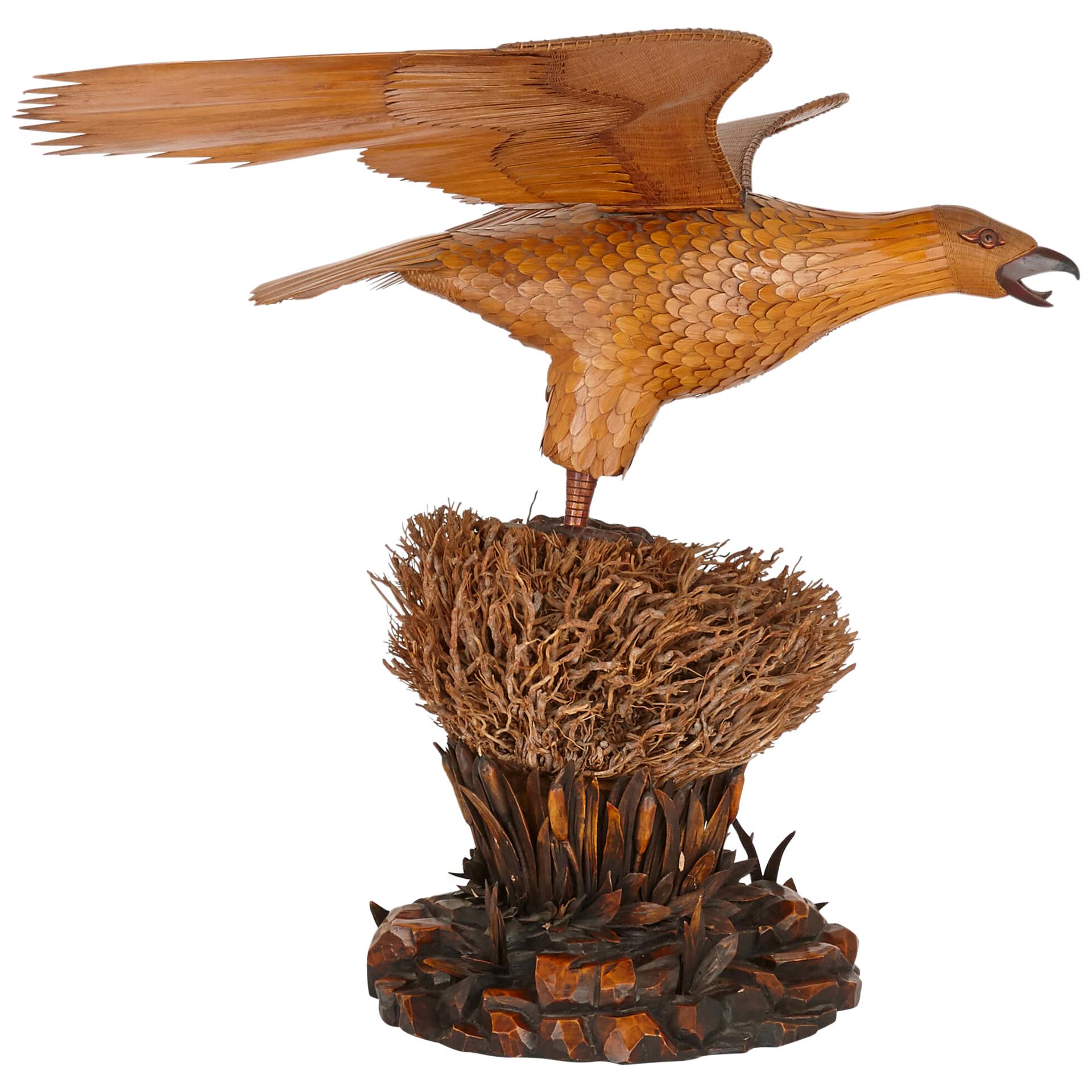 Large and Unusual Chinese Bamboo and Wood Eagle Sculpture