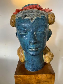 Große und ungewöhnliche Studio-Keramik-Lampe/Skulptur, Frauenkopf, exotisch
