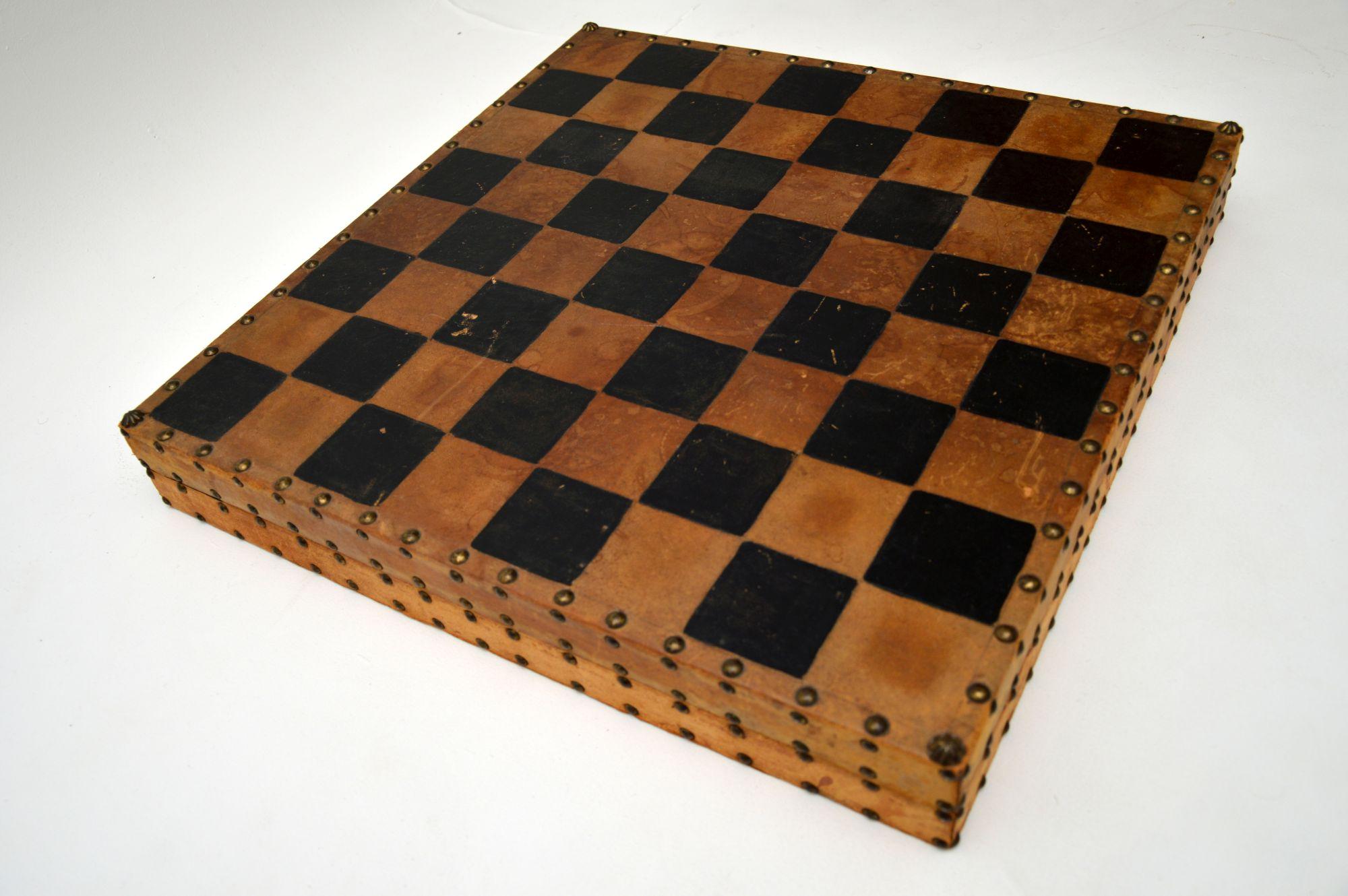 Large and Unusual Vintage Leather Bound Chess Set 6