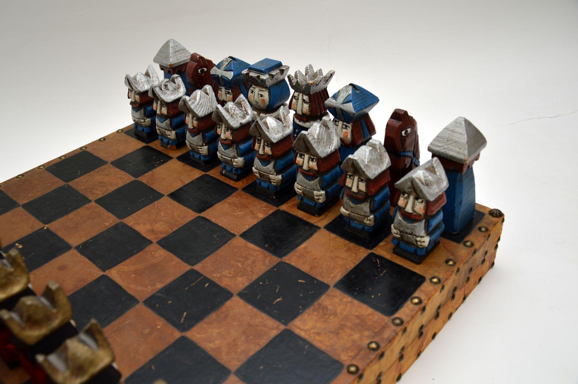 Large and Unusual Vintage Leather Bound Chess Set 7