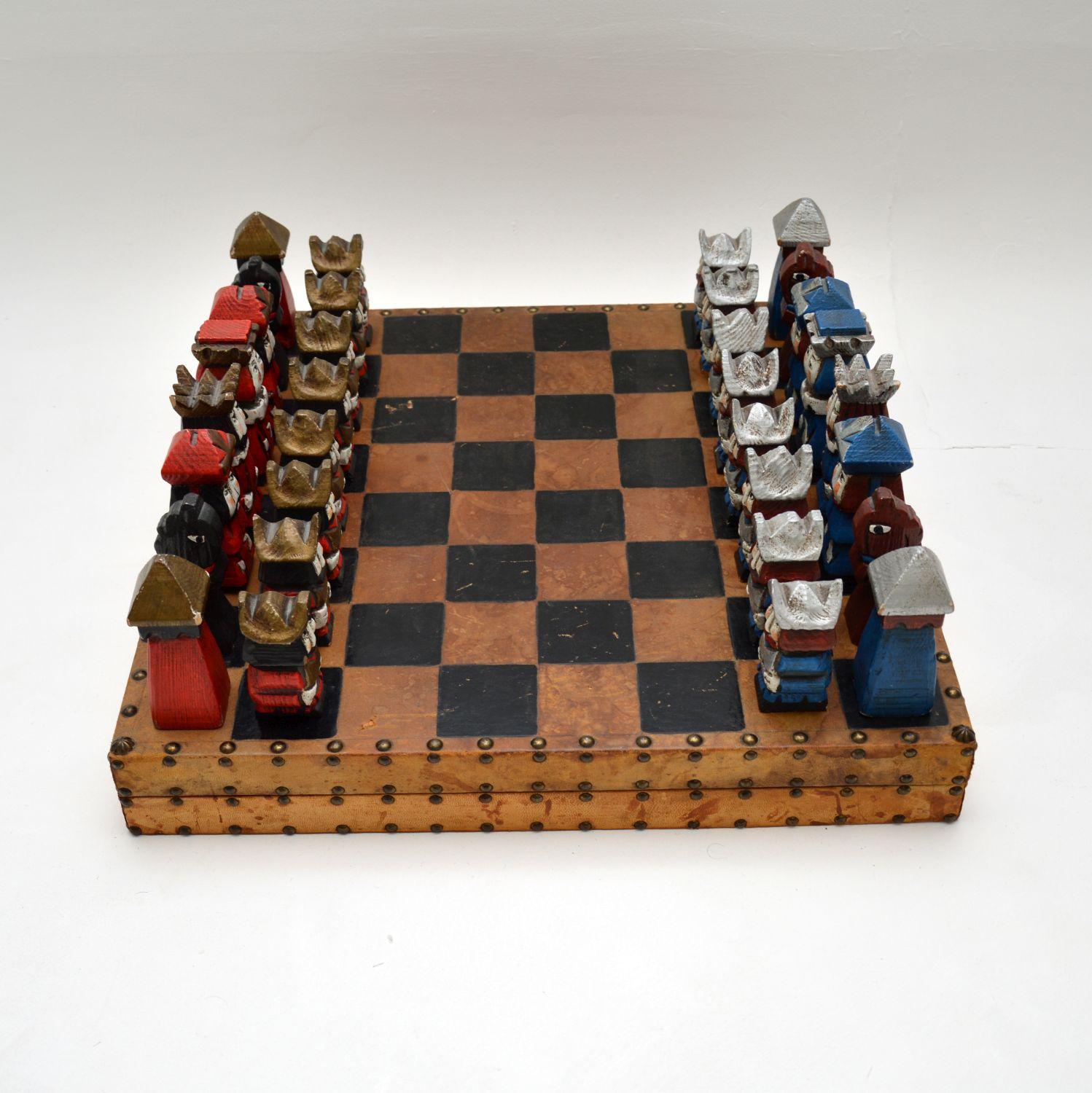 Mid-Century Modern Large and Unusual Vintage Leather Bound Chess Set