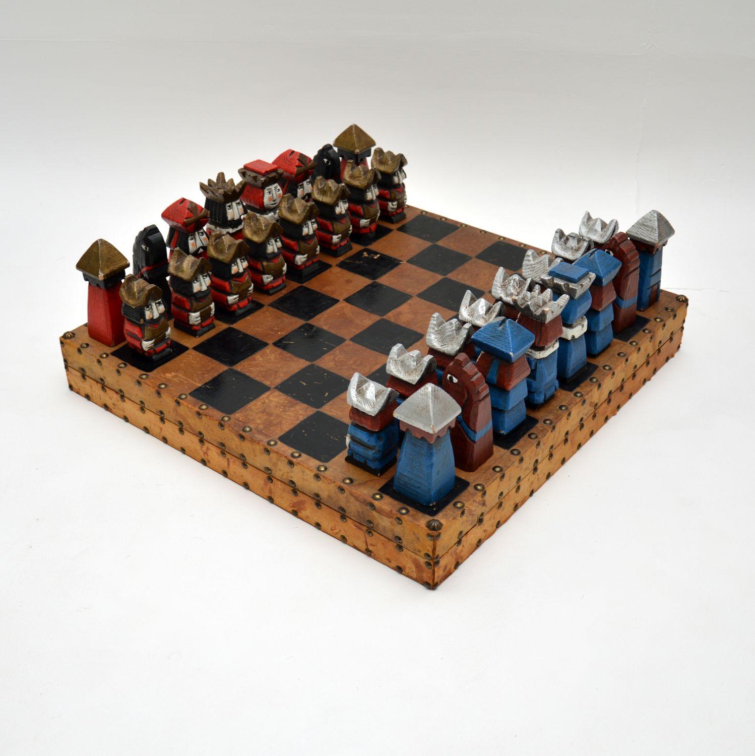 English Large and Unusual Vintage Leather Bound Chess Set