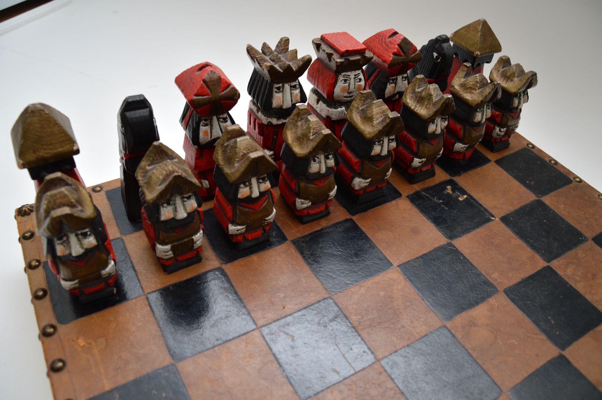 20th Century Large and Unusual Vintage Leather Bound Chess Set