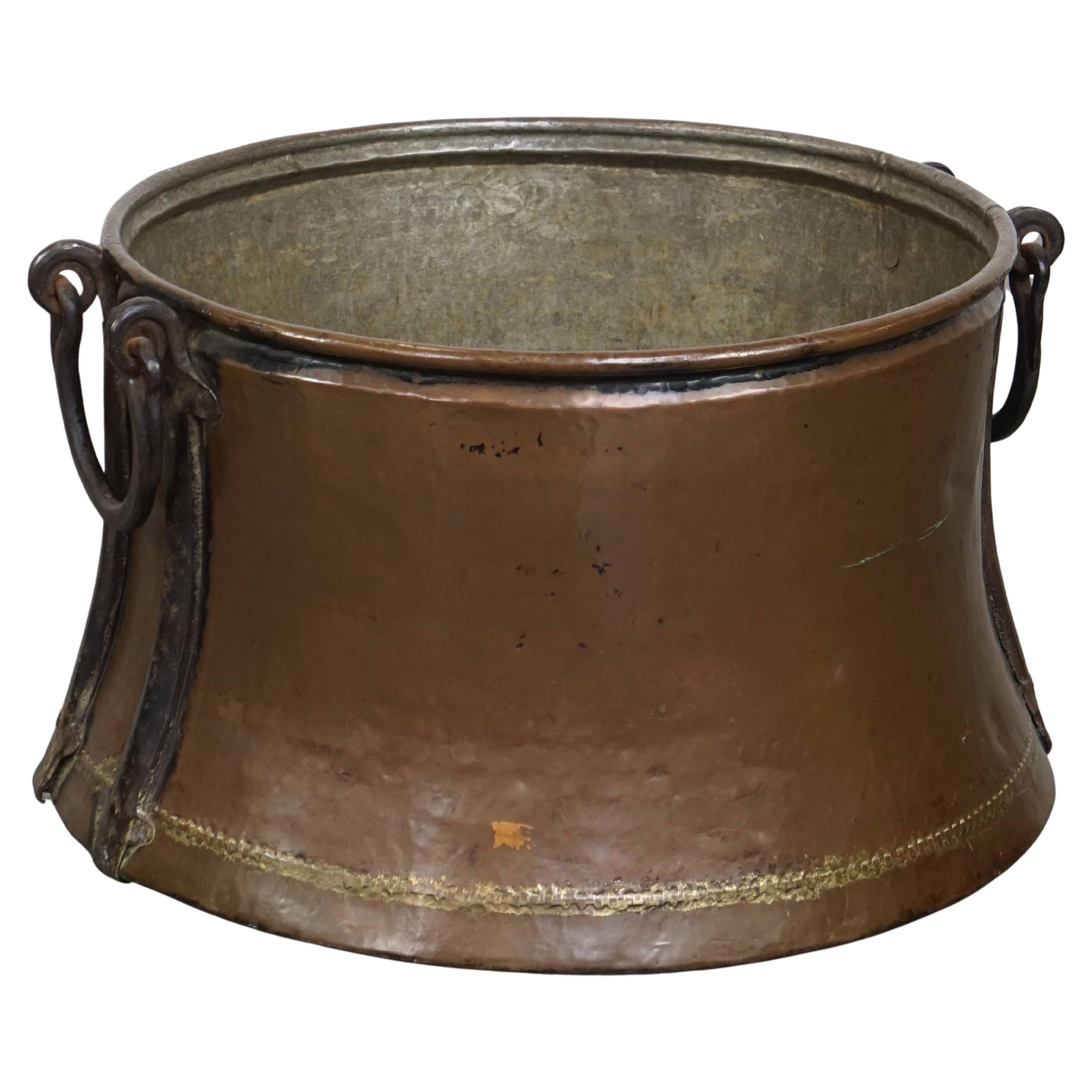 Large and Very Charming Antique Copper Kettle / Firewood Holder For Sale