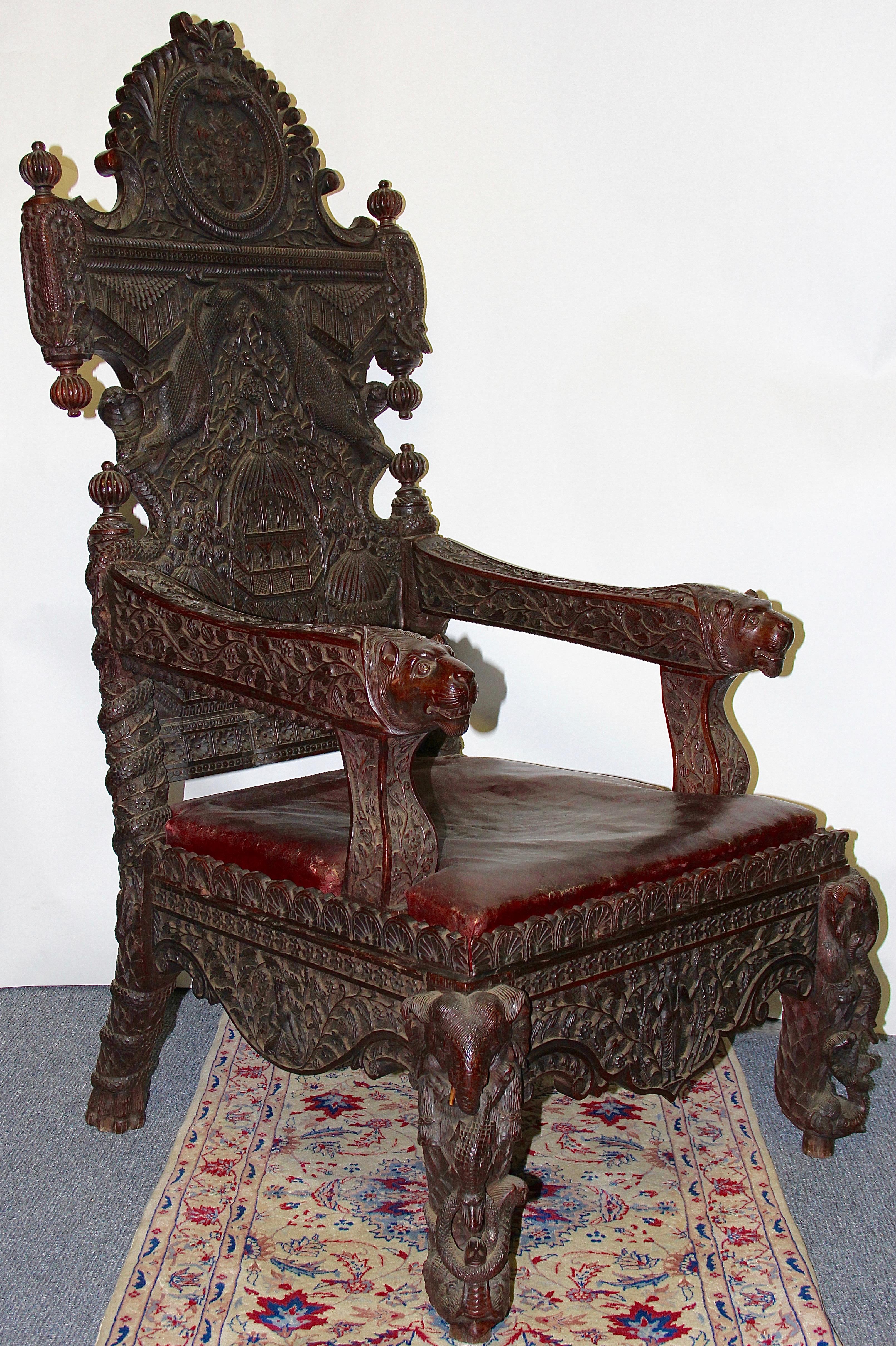 Grand fauteuil trône ancien très décoratif, bois massif du 19ème siècle en vente 5