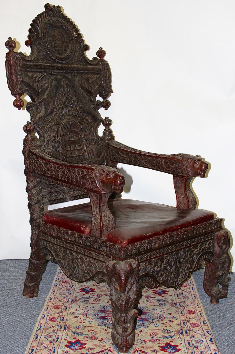 Large and Very Decorative Antique Throne Armchair, 19th Century Solid